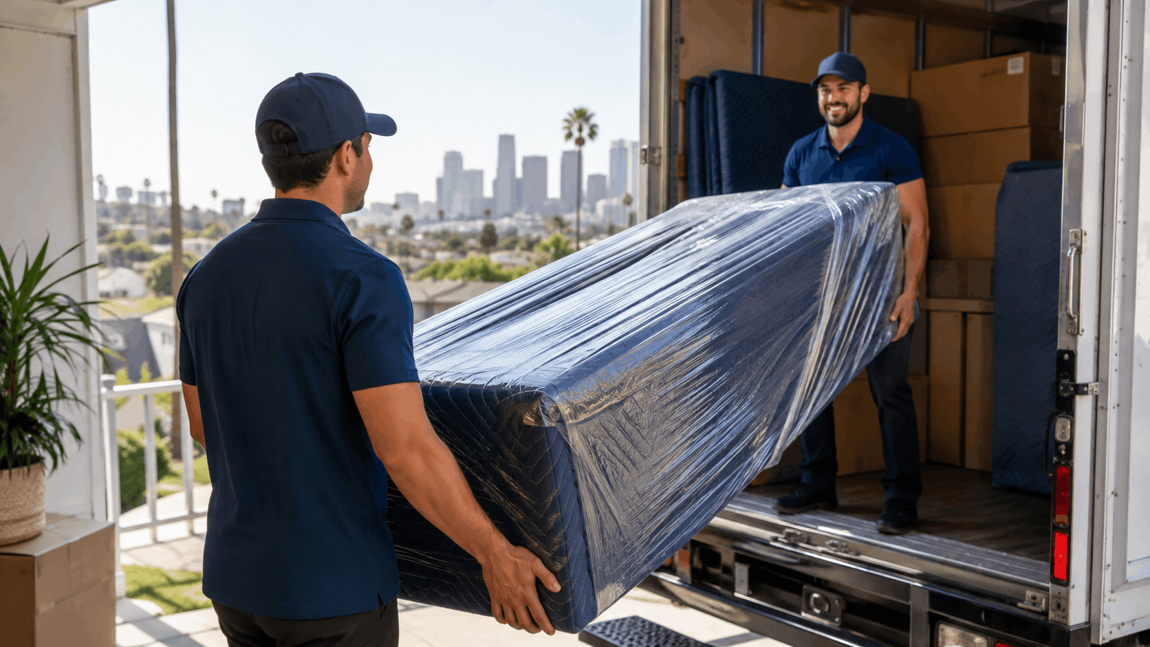 Two professional LA movers loading a wrapped mattress into a moving truck