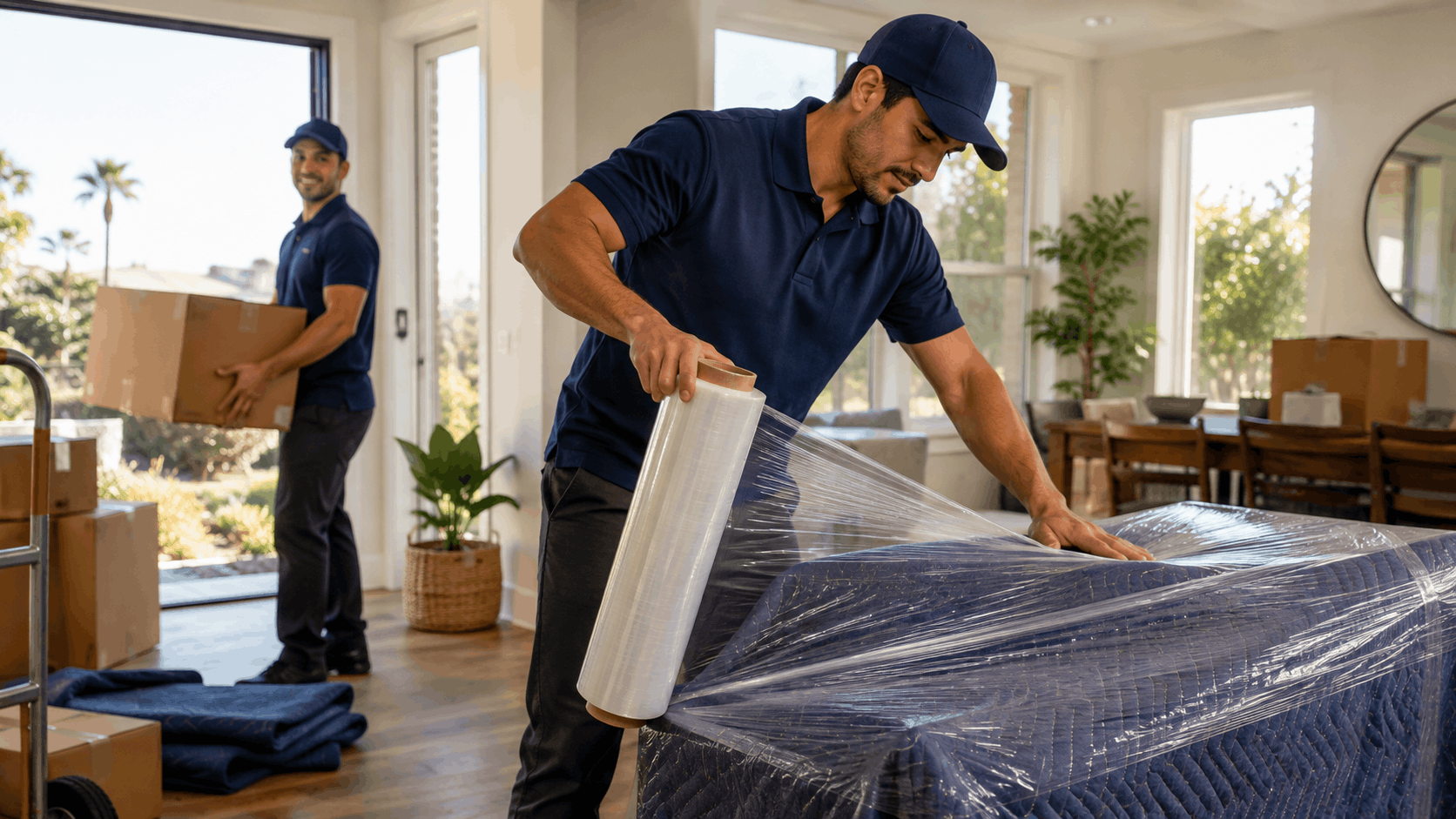 Two Popeye Moving crew members wrapping mattress in plastic stretch film Los Angeles home