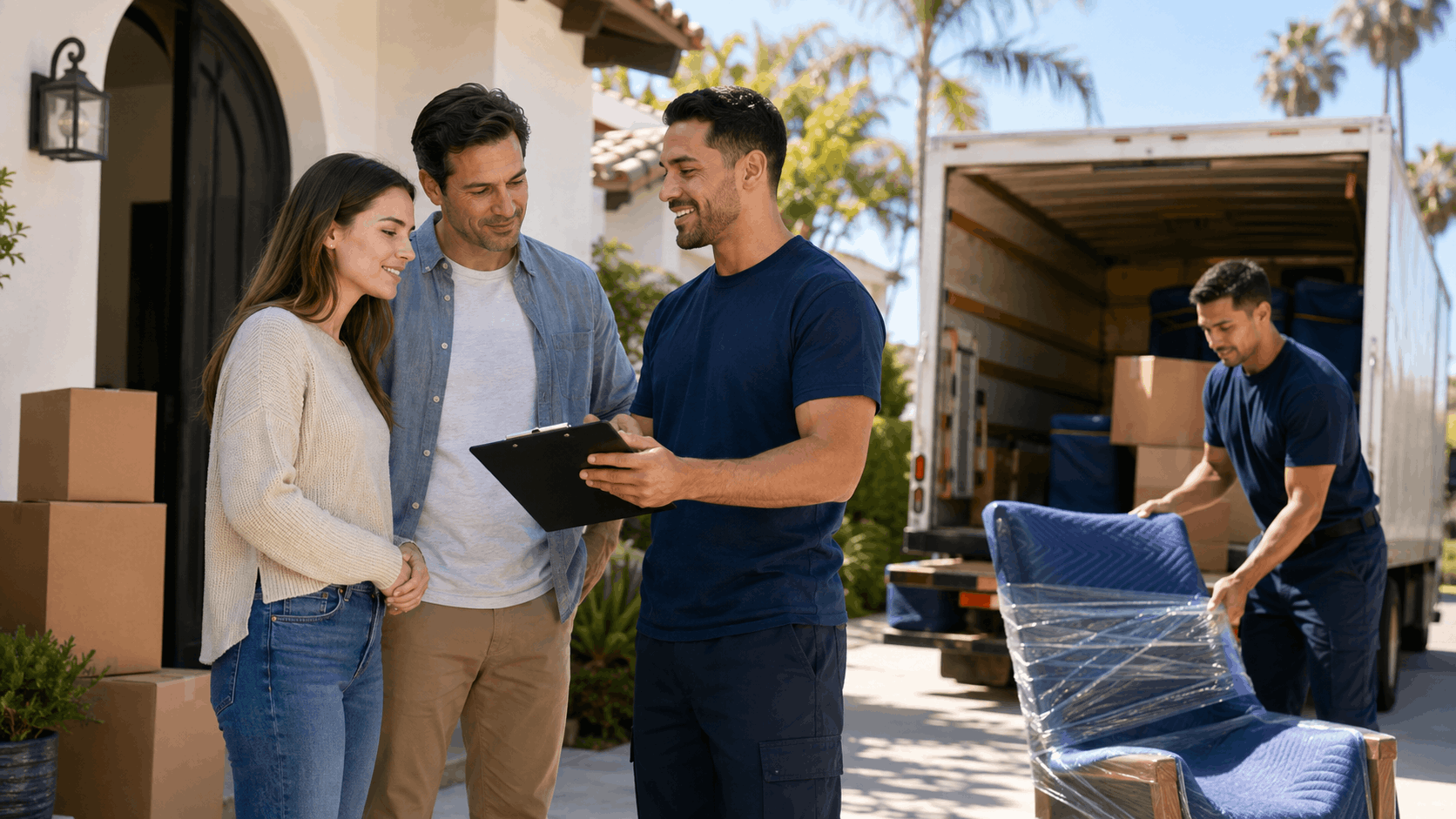 Family-owned movers reviewing moving checklist with happy couple outside Los Angeles home