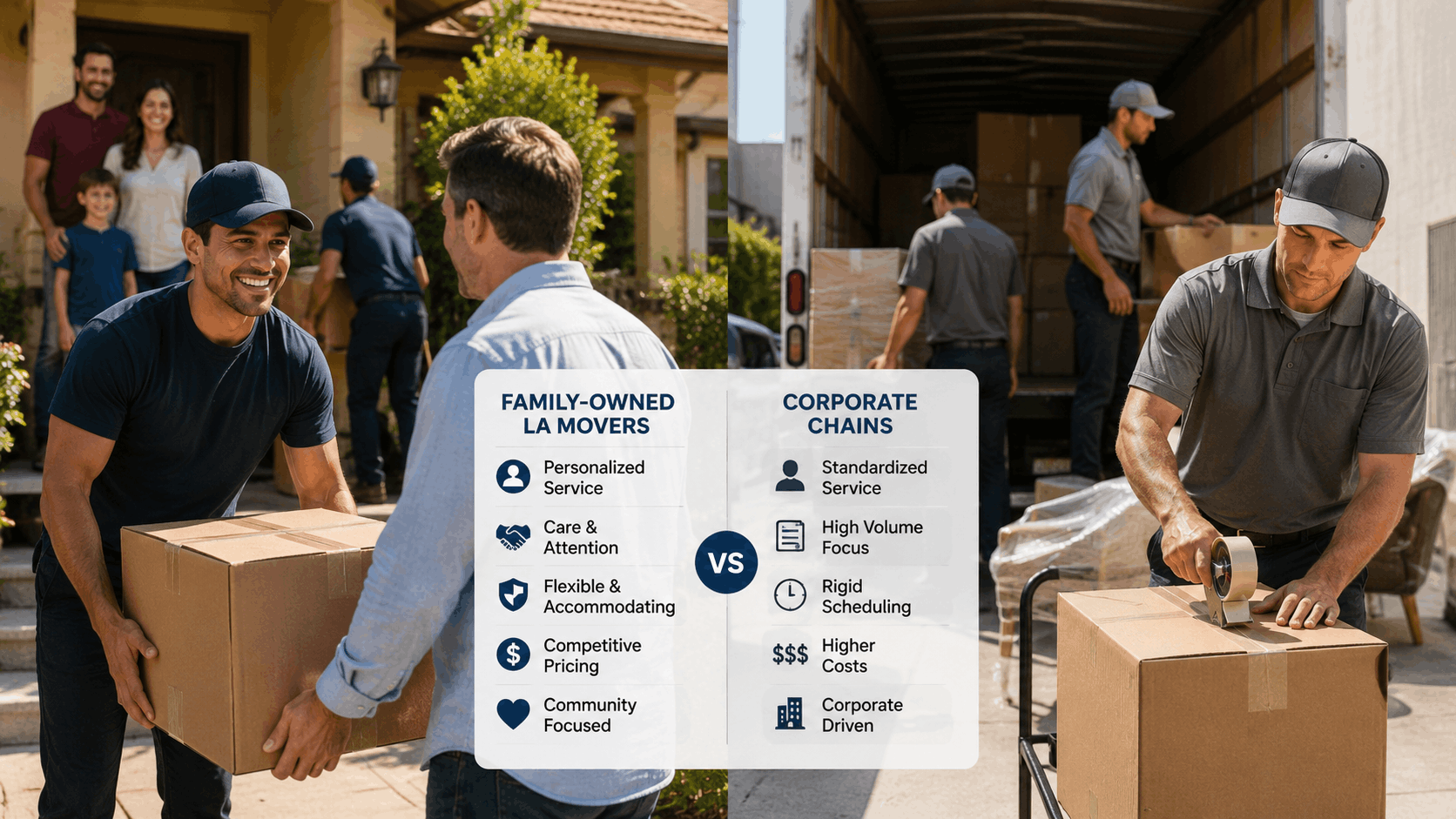 Family-owned LA movers versus corporate chain movers comparison infographic with workers