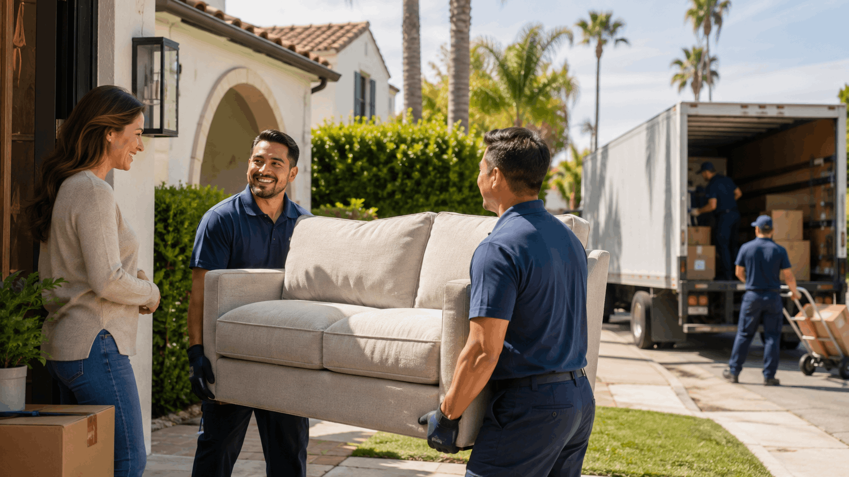 Professional movers in blue uniforms delivering sofa to Spanish-style Los Angeles home