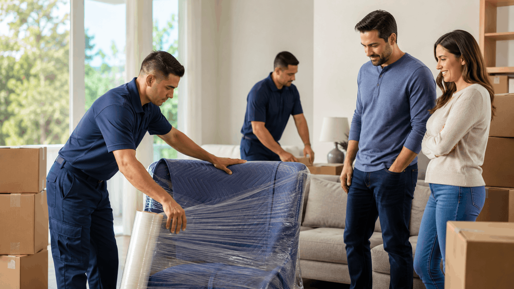 Professional Los Angeles movers wrapping furniture with protective plastic for a couple