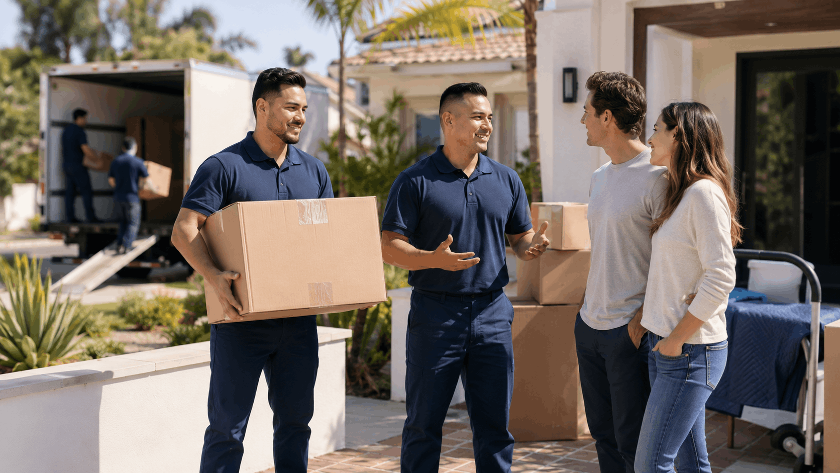 Professional Popeye Moving crew delivering boxes to smiling couple outside Los Angeles home