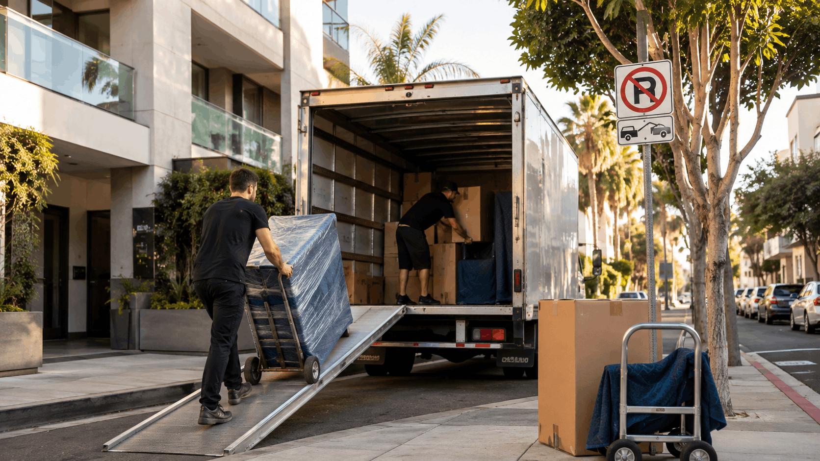 Two movers unloading a moving truck on a West Hollywood street with No Parking sign