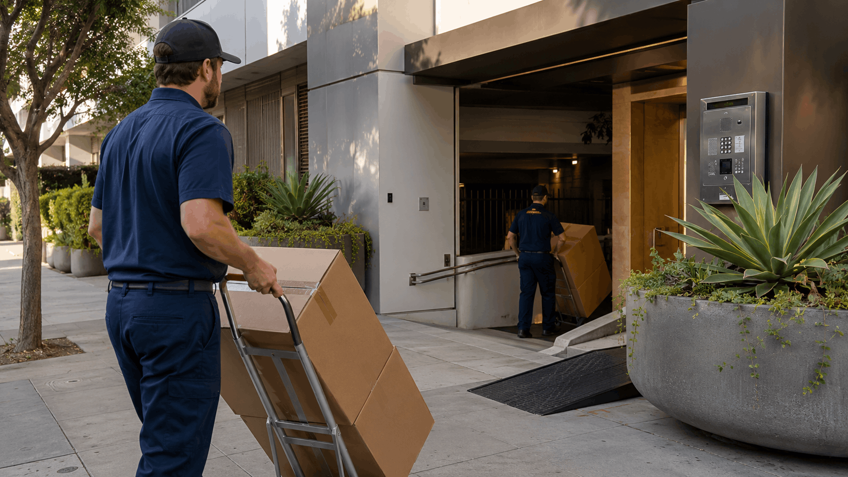 Two movers in navy uniforms delivering large boxes into Los Angeles apartment building