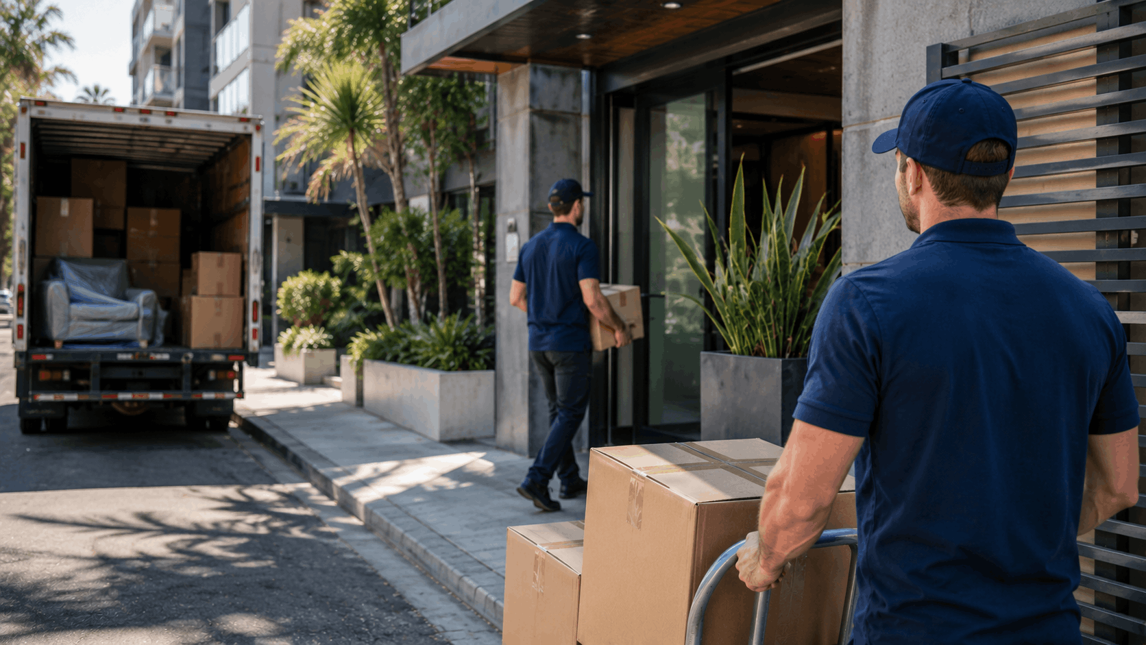 Two professional movers in blue uniforms unloading cardboard boxes from moving truck