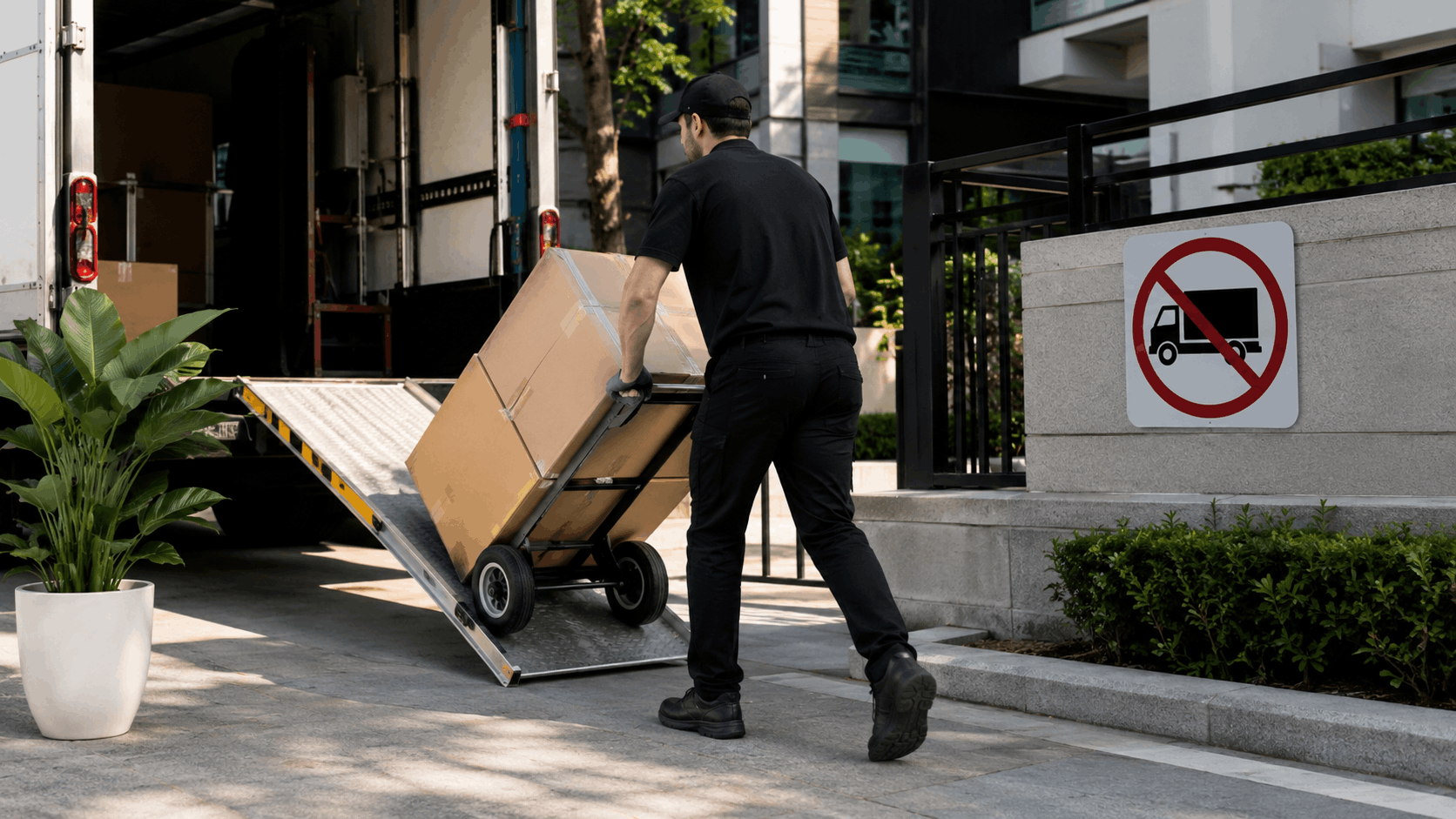 Delivery worker unloading large cardboard boxes from moving truck via ramp