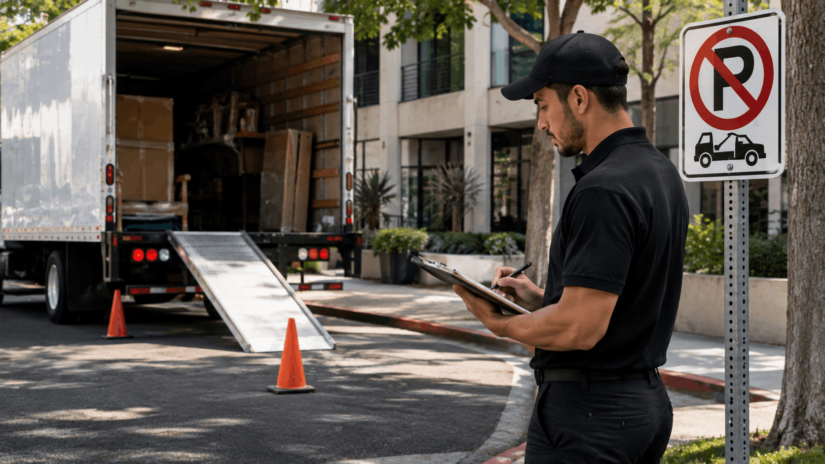 Moving crew worker with clipboard beside no parking sign and open moving truck
