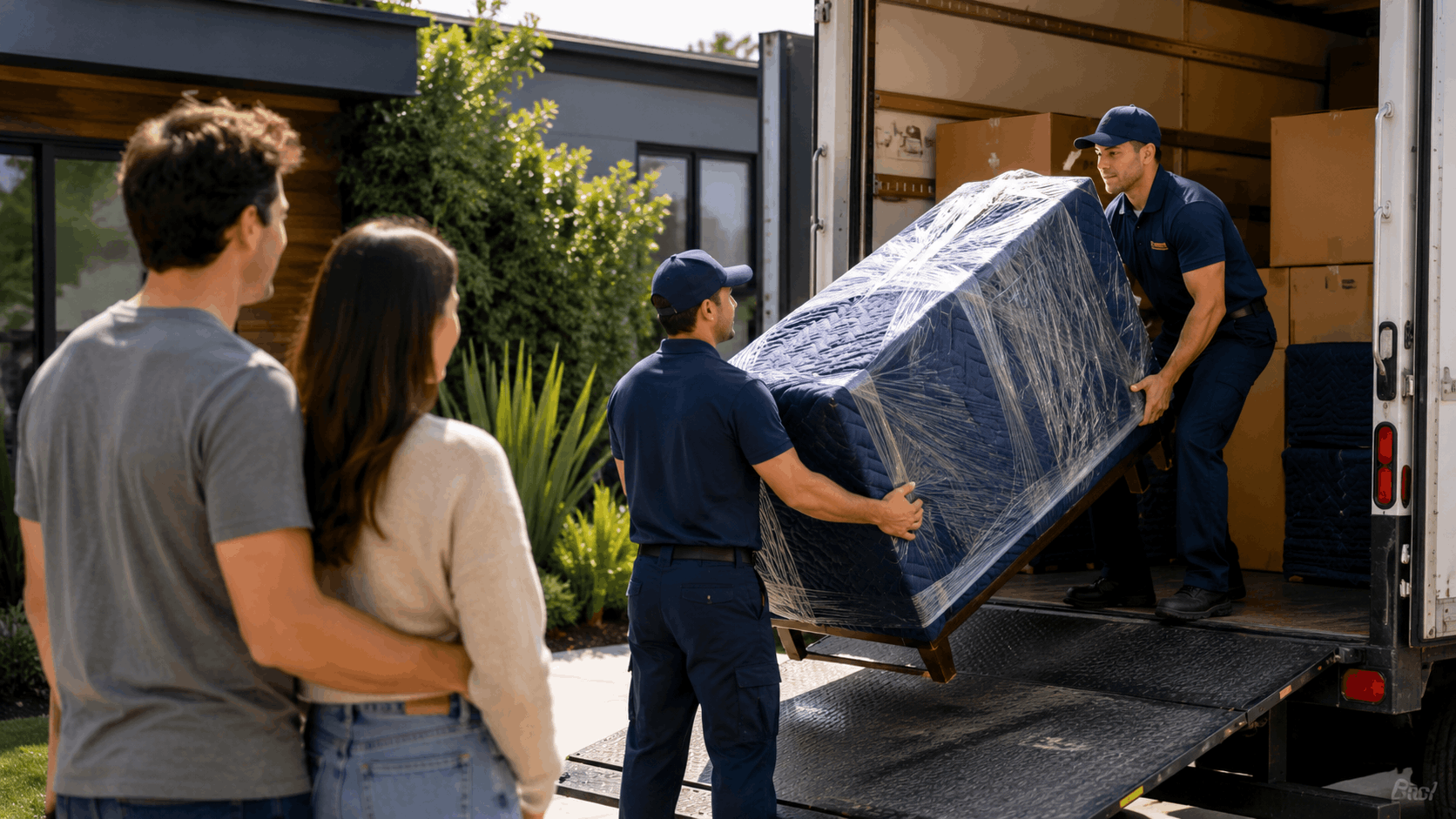 Two professional movers unloading plastic-wrapped mattress from moving truck in Los Angeles