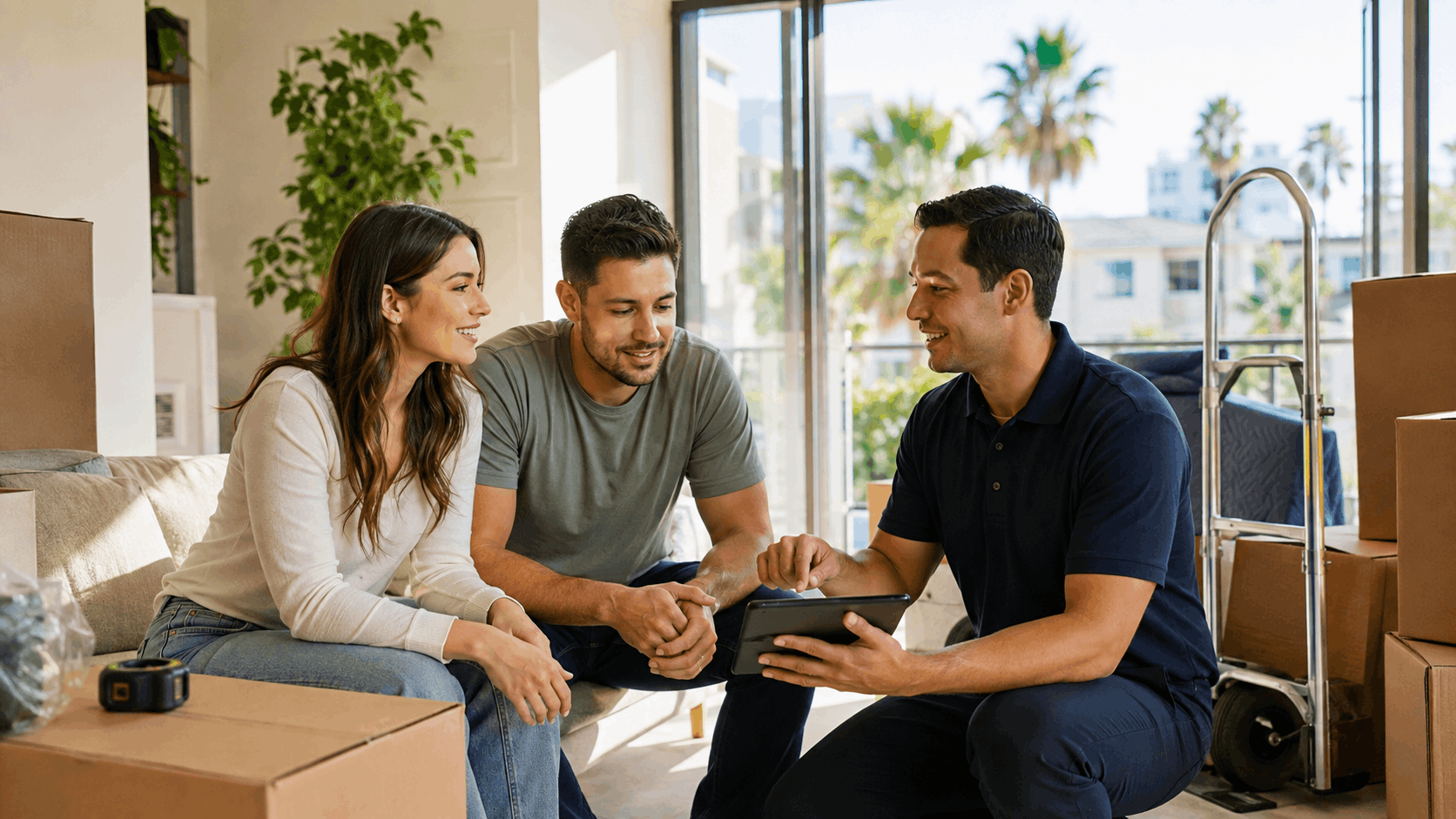 Moving company representative showing tablet to couple during Los Angeles home relocation consultation