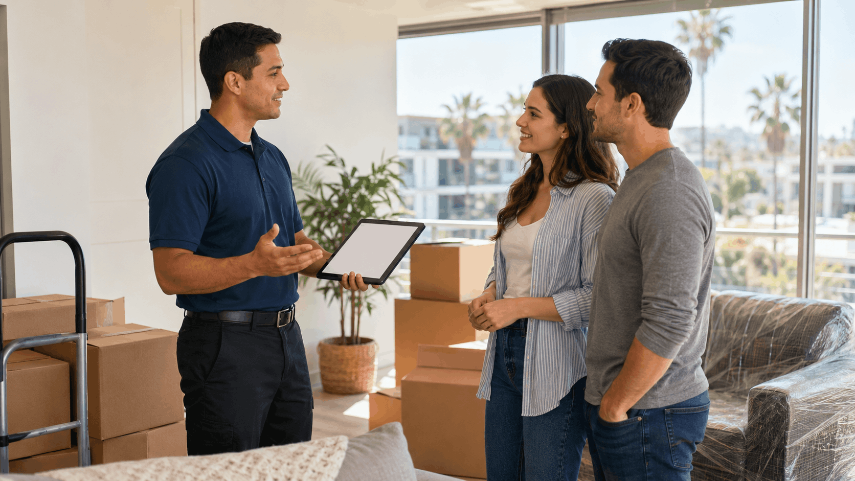 Moving company representative discussing costs with couple surrounded by packed boxes