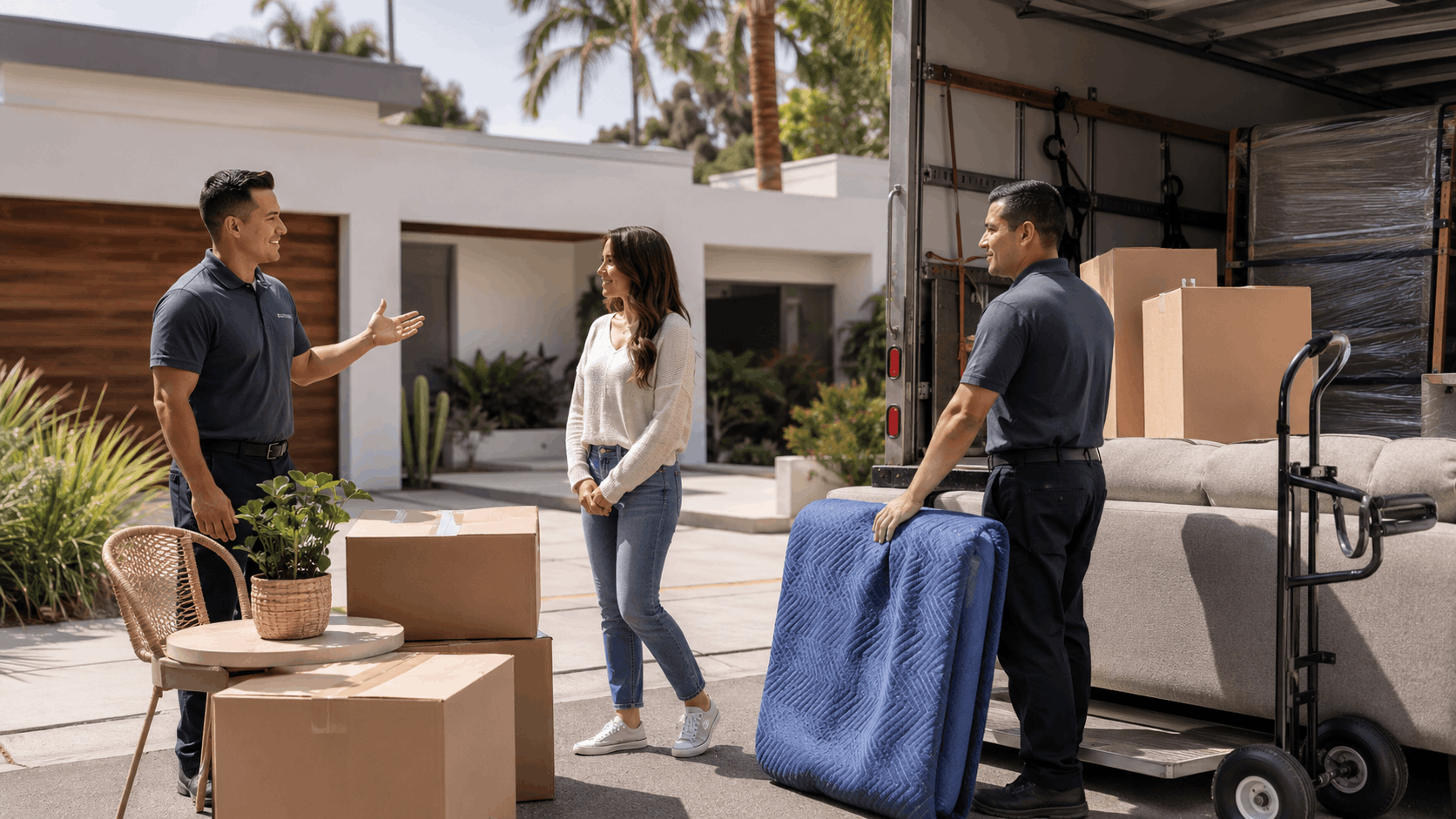 Professional Los Angeles movers unloading furniture and boxes from moving truck with customer