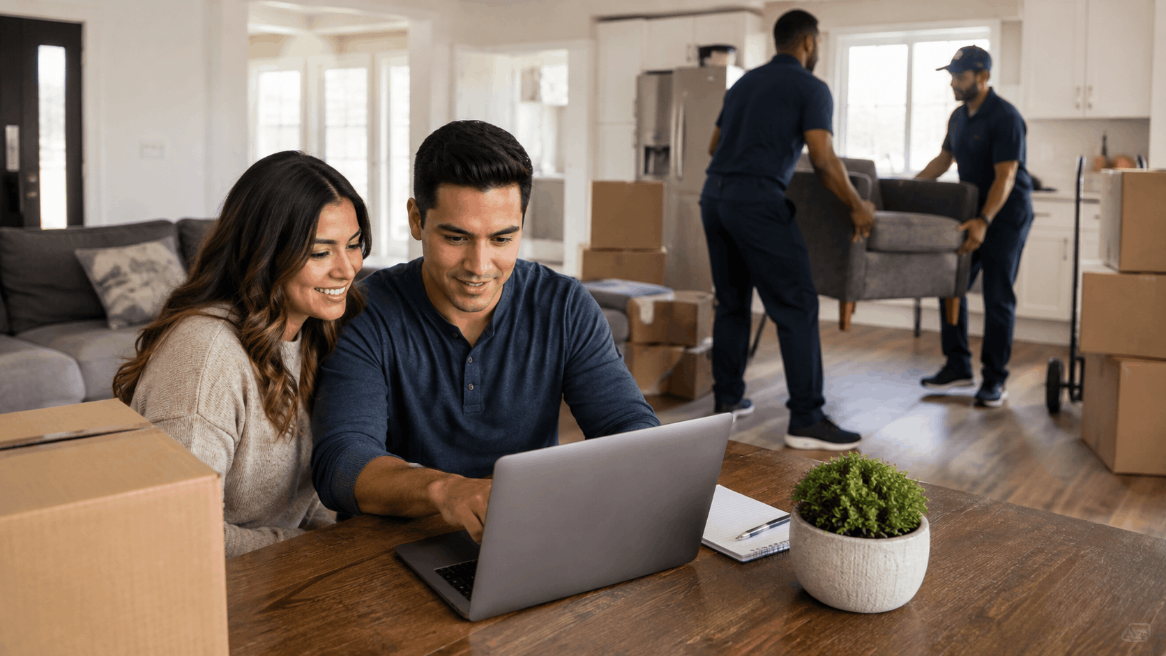 Couple reviewing moving plans on laptop while movers carry furniture in Los Angeles home