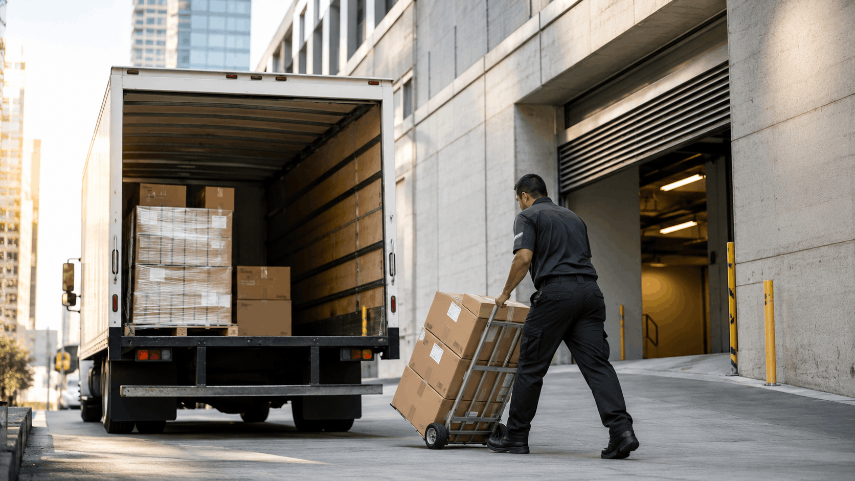 Delivery worker using hand truck to unload cardboard boxes at urban loading dock