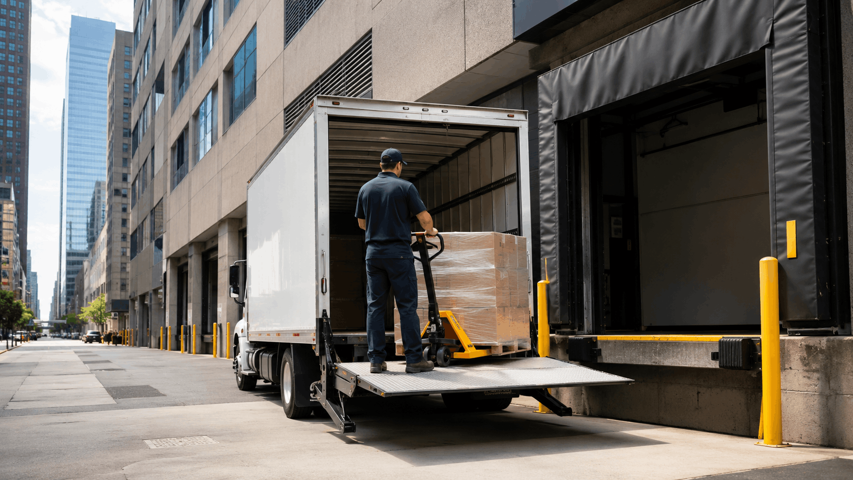 Delivery worker unloading pallets from box truck at urban Los Angeles loading dock