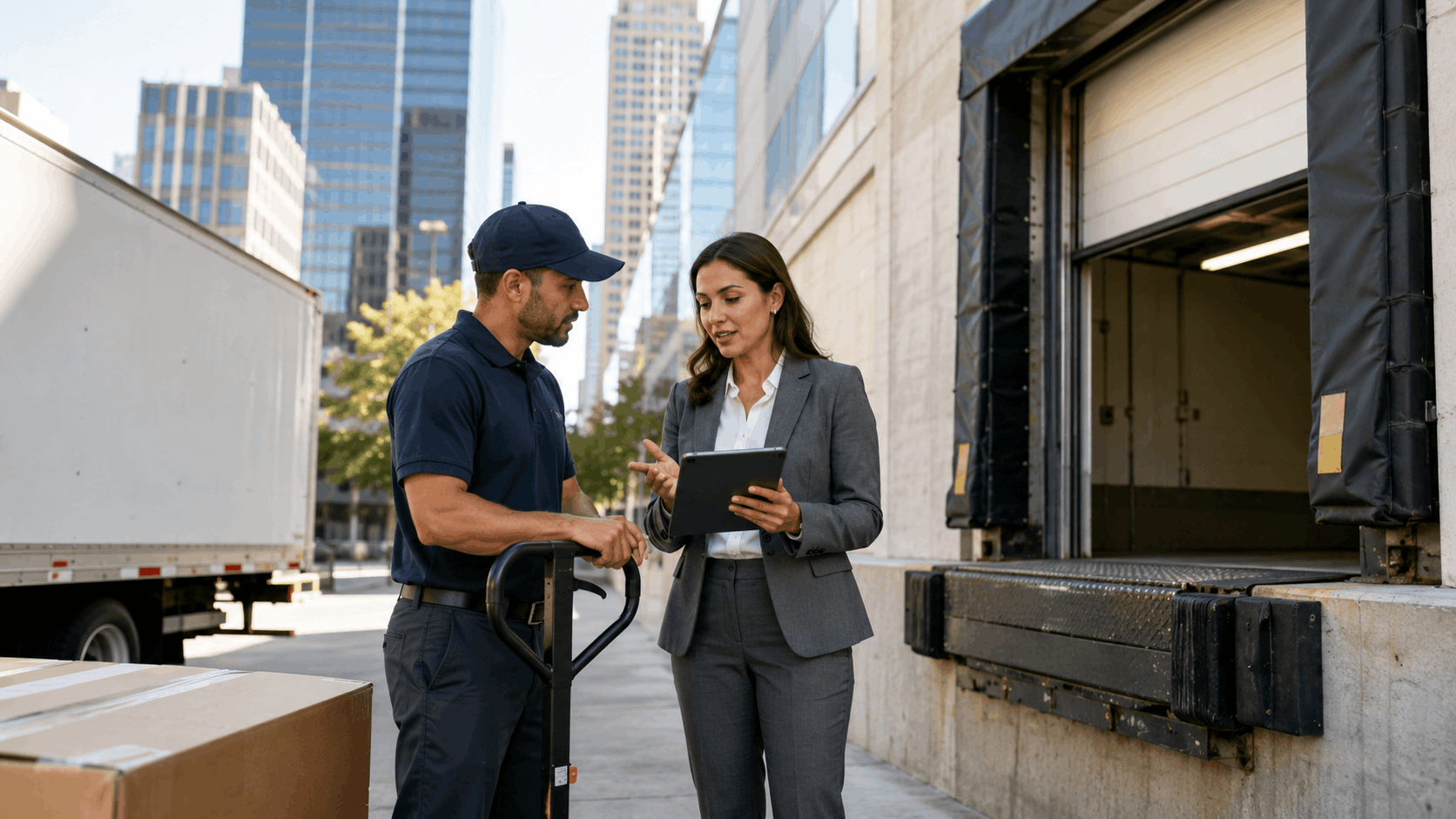 Moving company supervisor reviewing tablet with delivery worker at urban loading dock