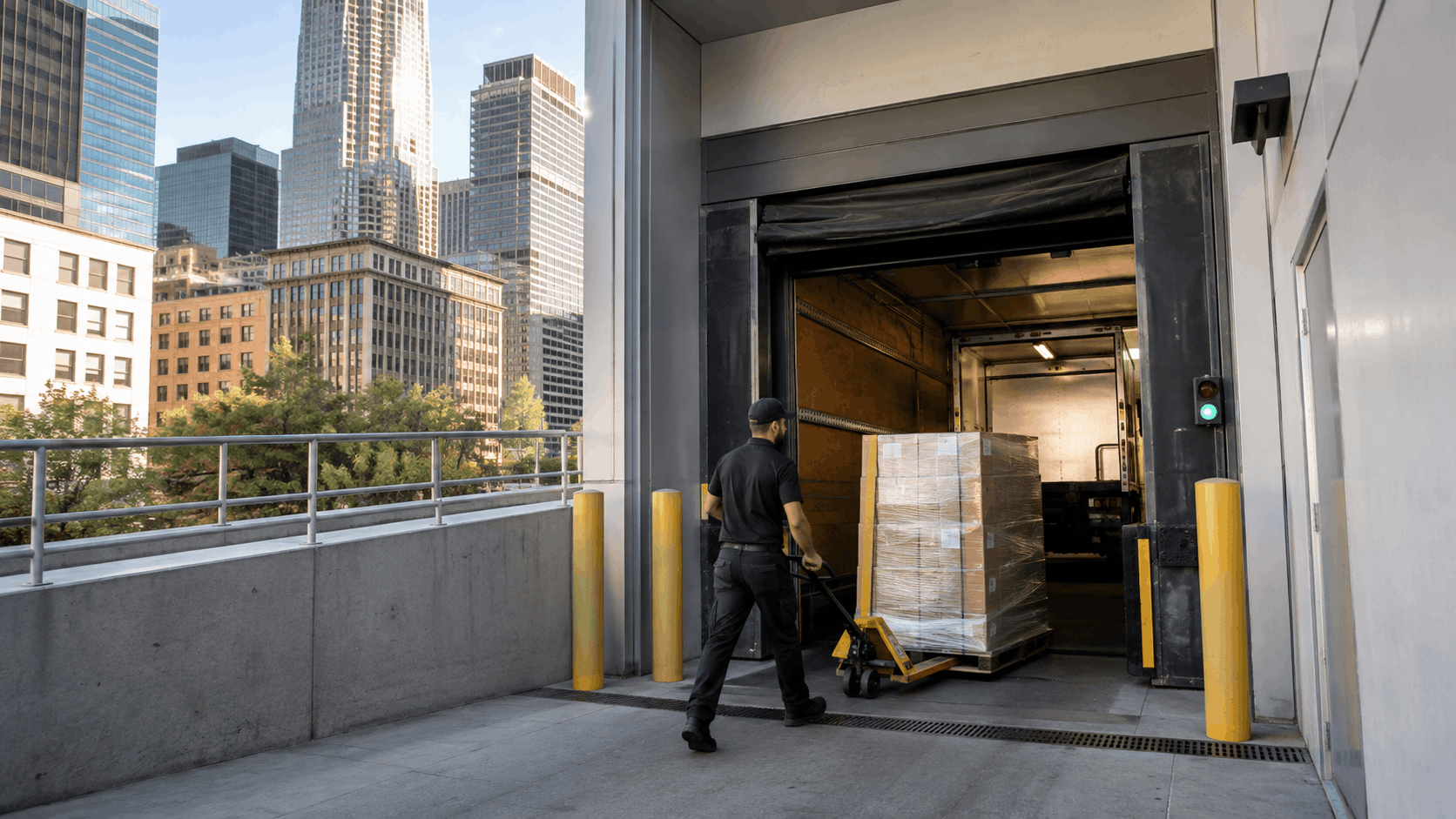 Delivery worker using pallet jack at urban Los Angeles building loading dock