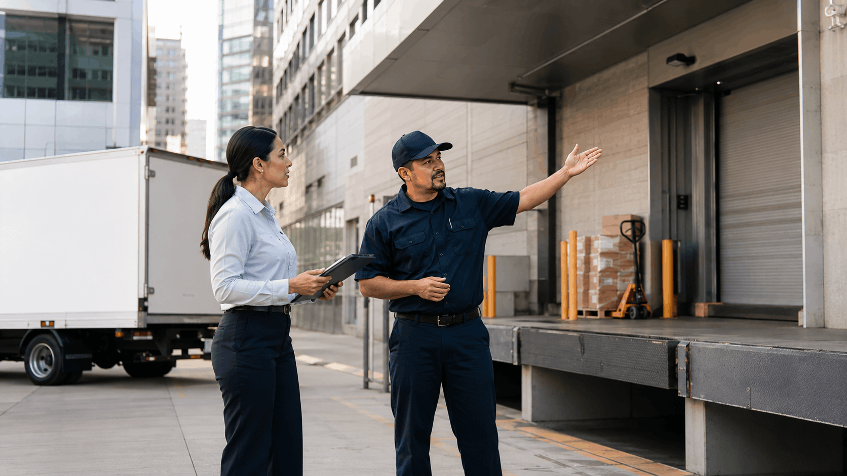 Popeye Moving employee directing manager at Los Angeles warehouse loading dock
