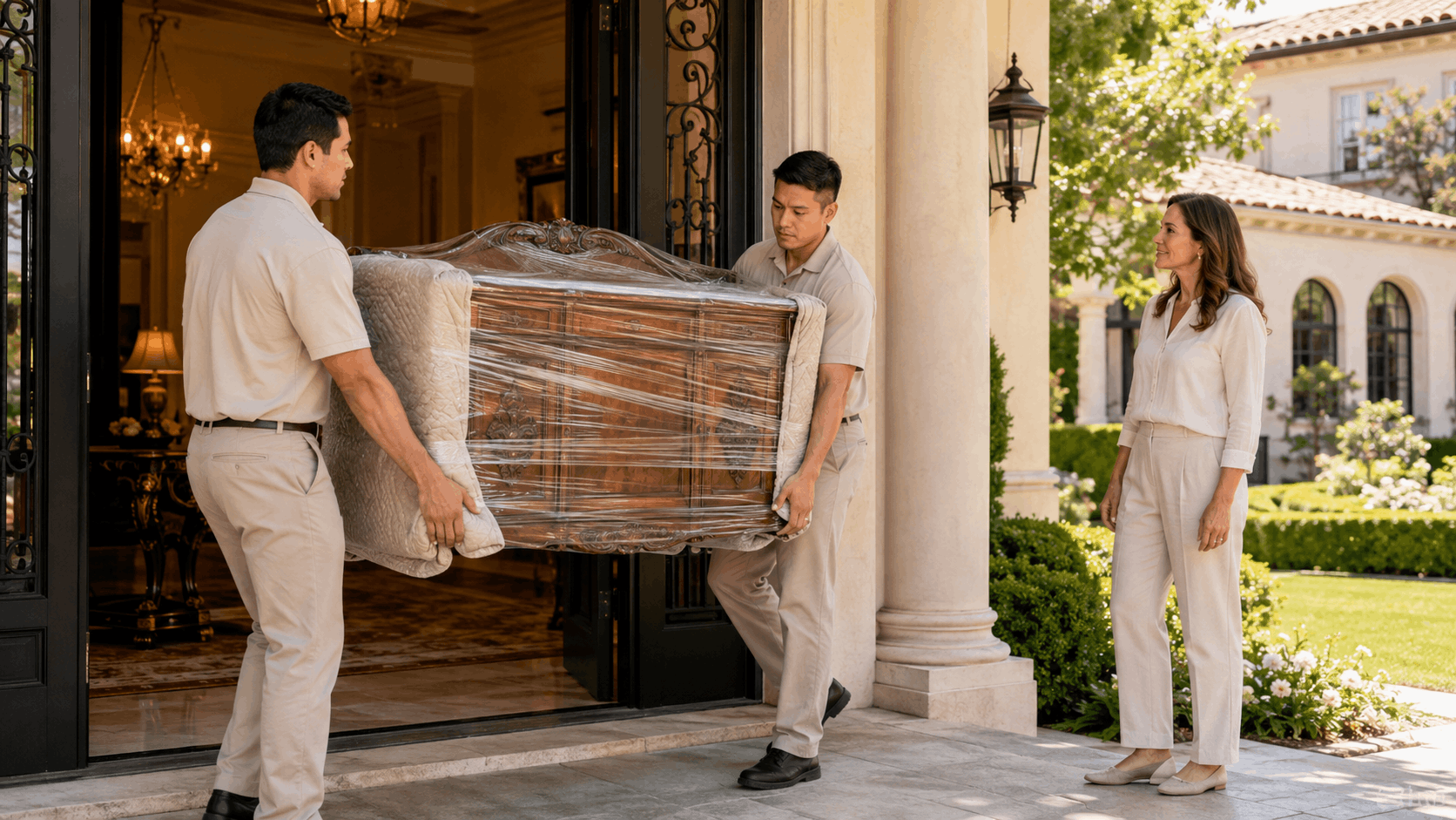 Two professional movers carefully carrying wrapped antique furniture into luxury San Marino estate