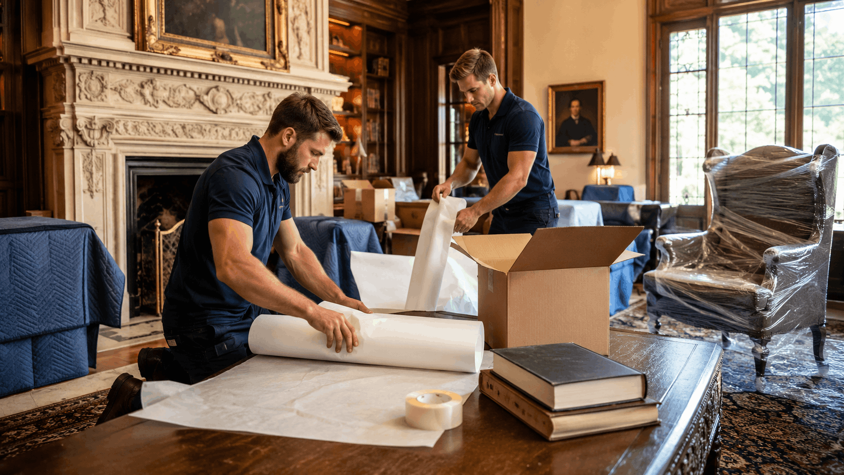 Two professional movers carefully wrapping antiques with packing paper in elegant estate home