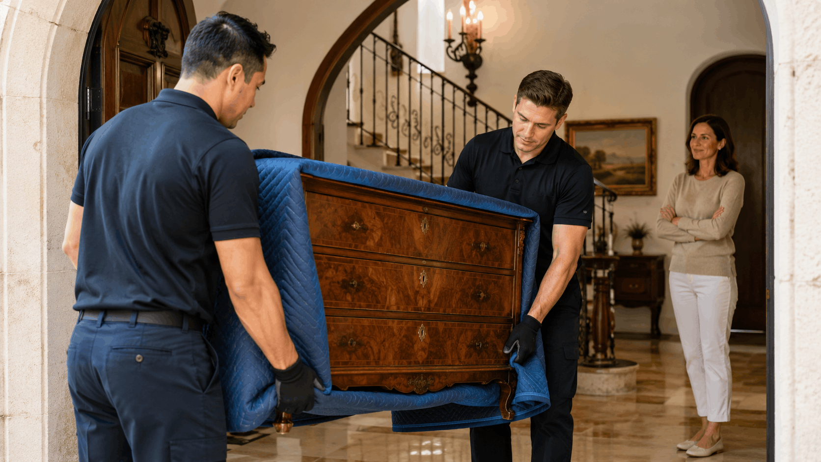 Two professional movers carefully carrying antique wooden dresser in luxury Los Angeles home