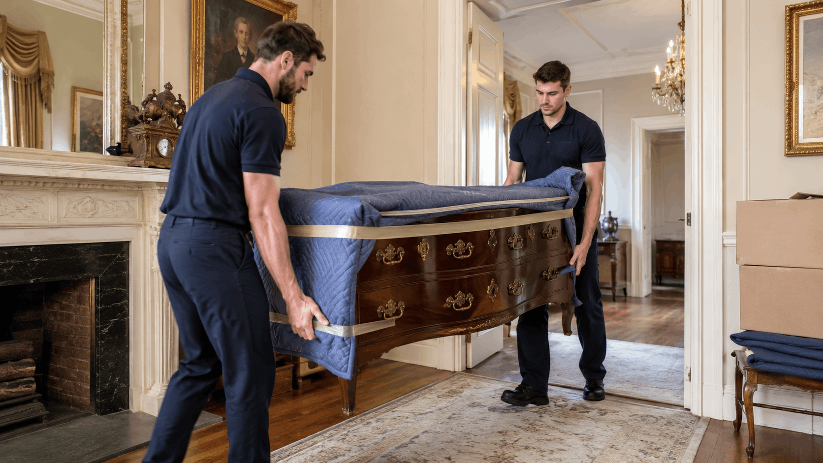 Two professional movers carefully carrying antique dresser wrapped in protective moving blankets