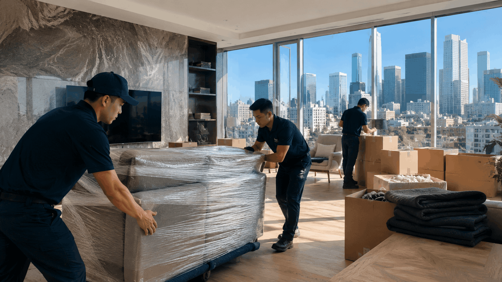 Professional movers wrapping and relocating furniture in luxury Koreatown Los Angeles high-rise apartment