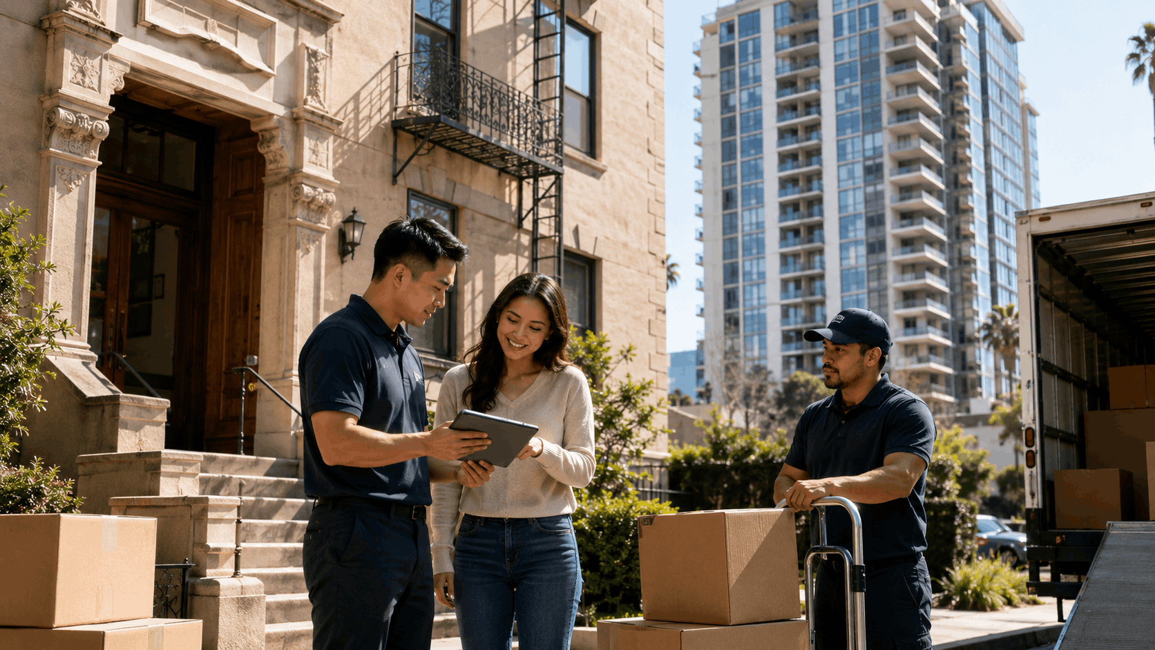Professional movers helping woman relocate to Koreatown Los Angeles high-rise building