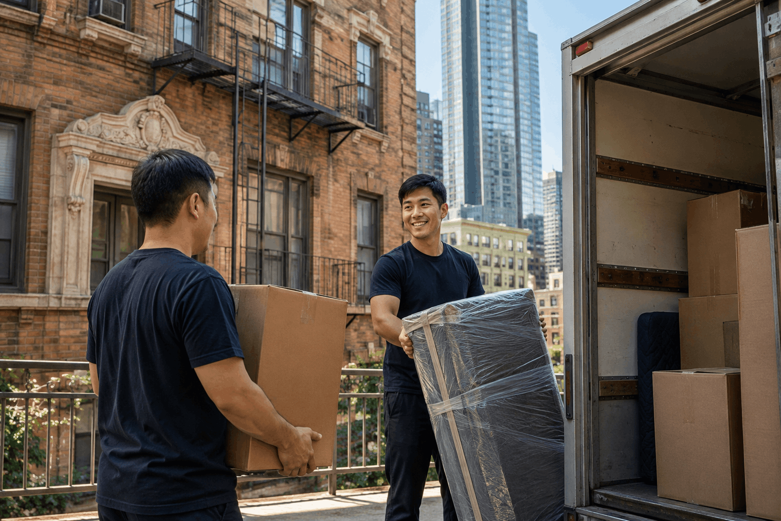 Two professional movers unloading boxes and furniture from moving truck in urban city