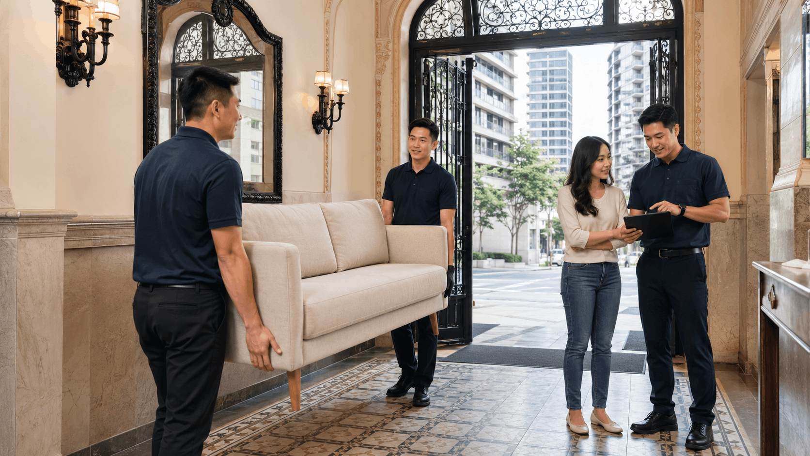 Professional movers carrying beige sofa into elegant Los Angeles building lobby entrance