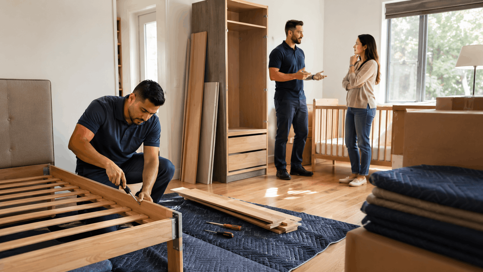 Professional movers assembling bedroom furniture including bed frame and wardrobe in Los Angeles home