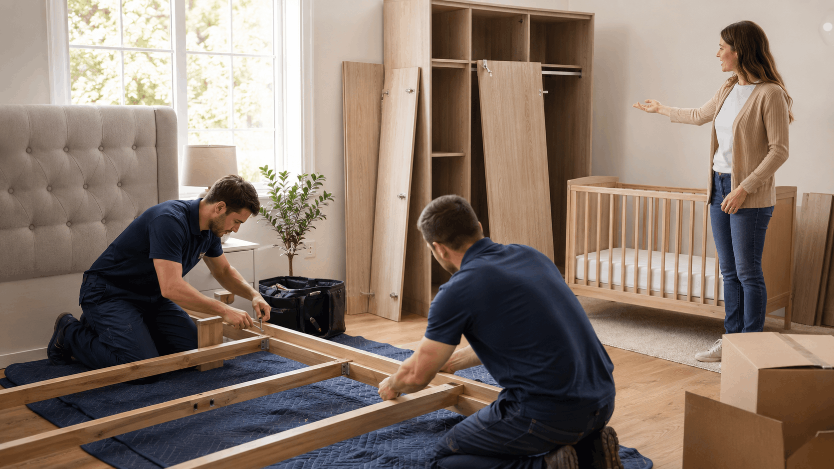 Two movers assembling wooden bed frame while woman directs furniture setup in bedroom