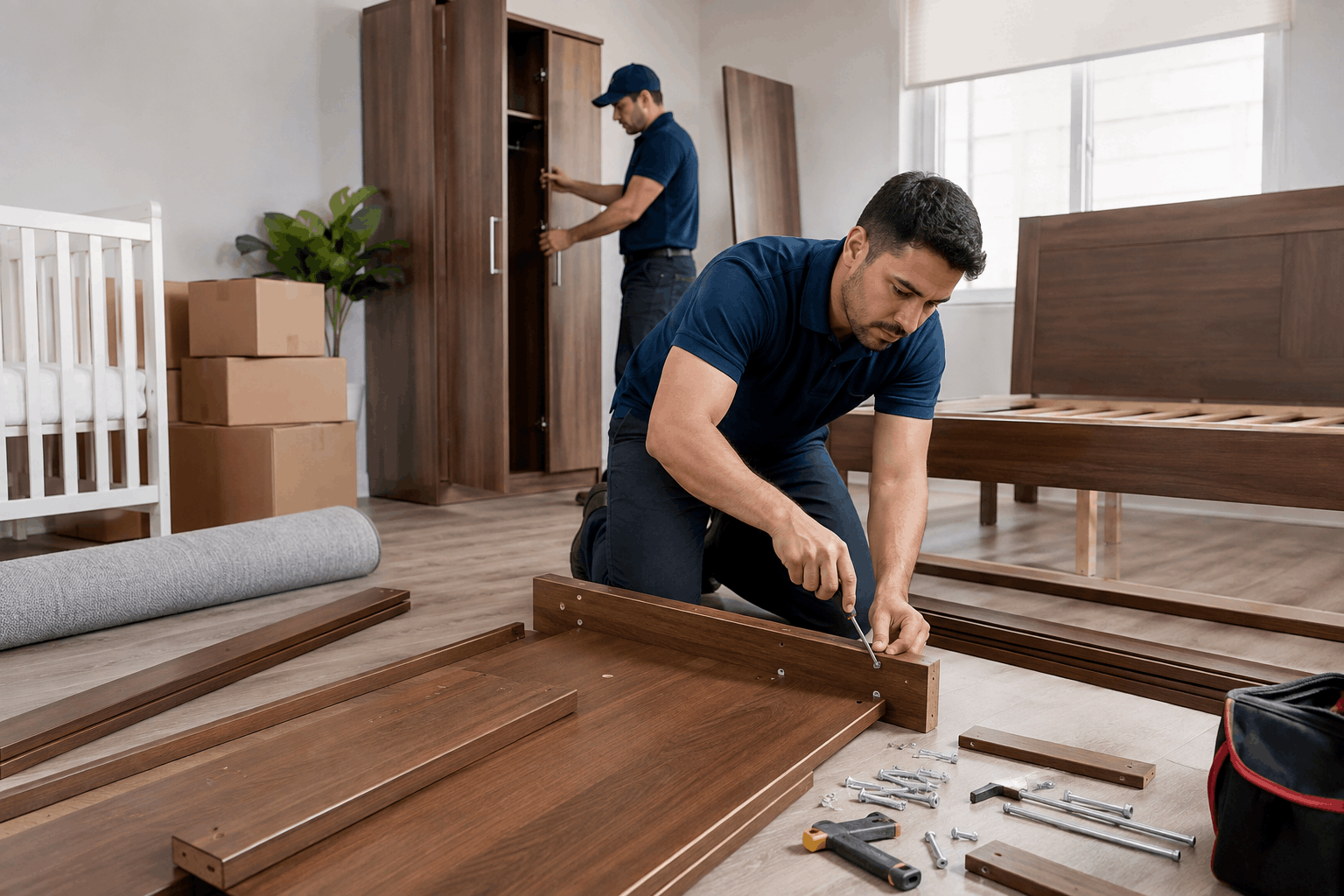 Two professional movers assembling bedroom furniture and wardrobe in Los Angeles home