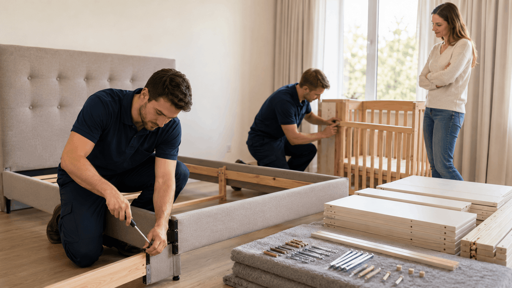 Two professional movers assembling bed frame and crib while customer supervises in Los Angeles home