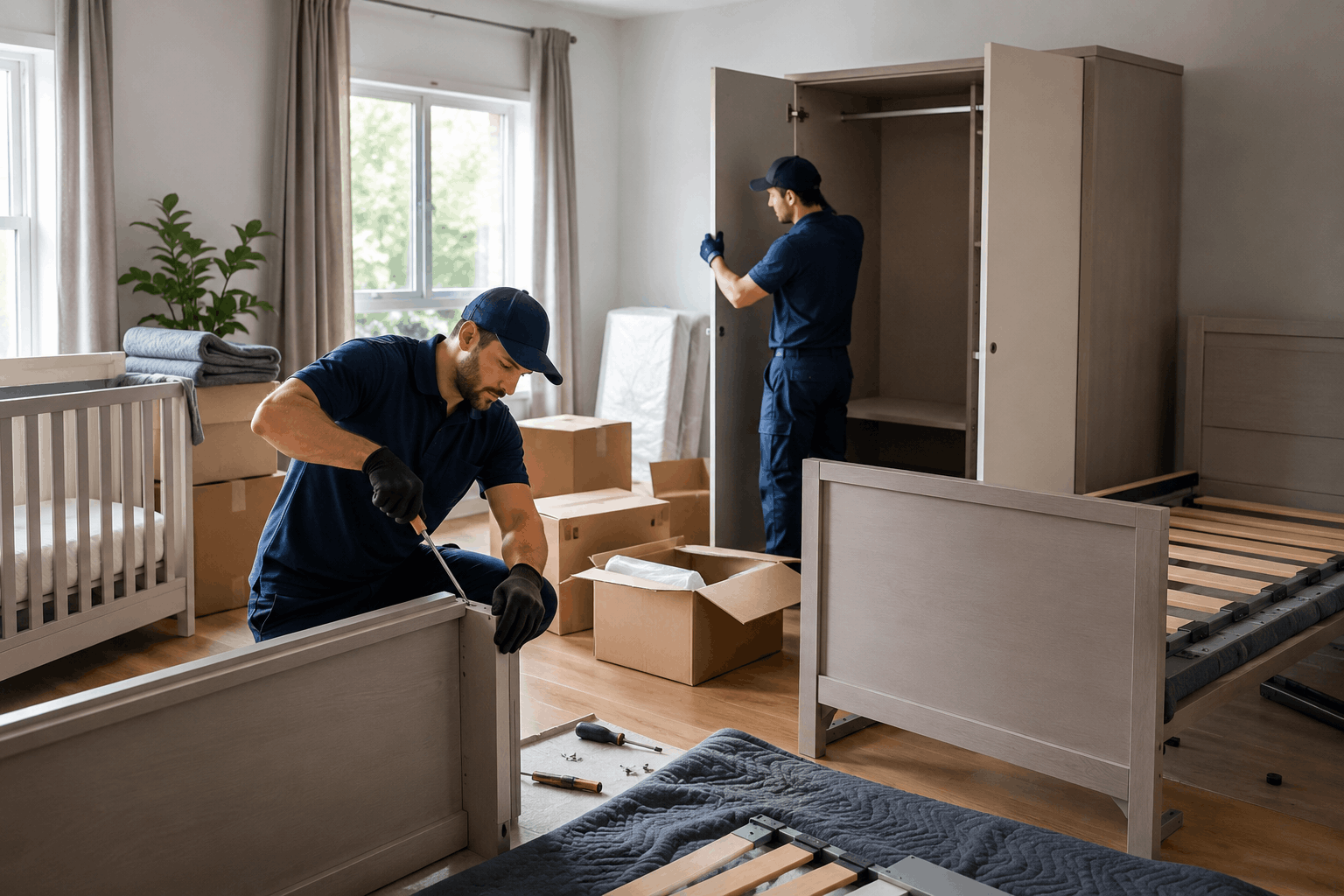 Two Popeye Moving workers assembling bedroom furniture and wardrobe in Los Angeles home