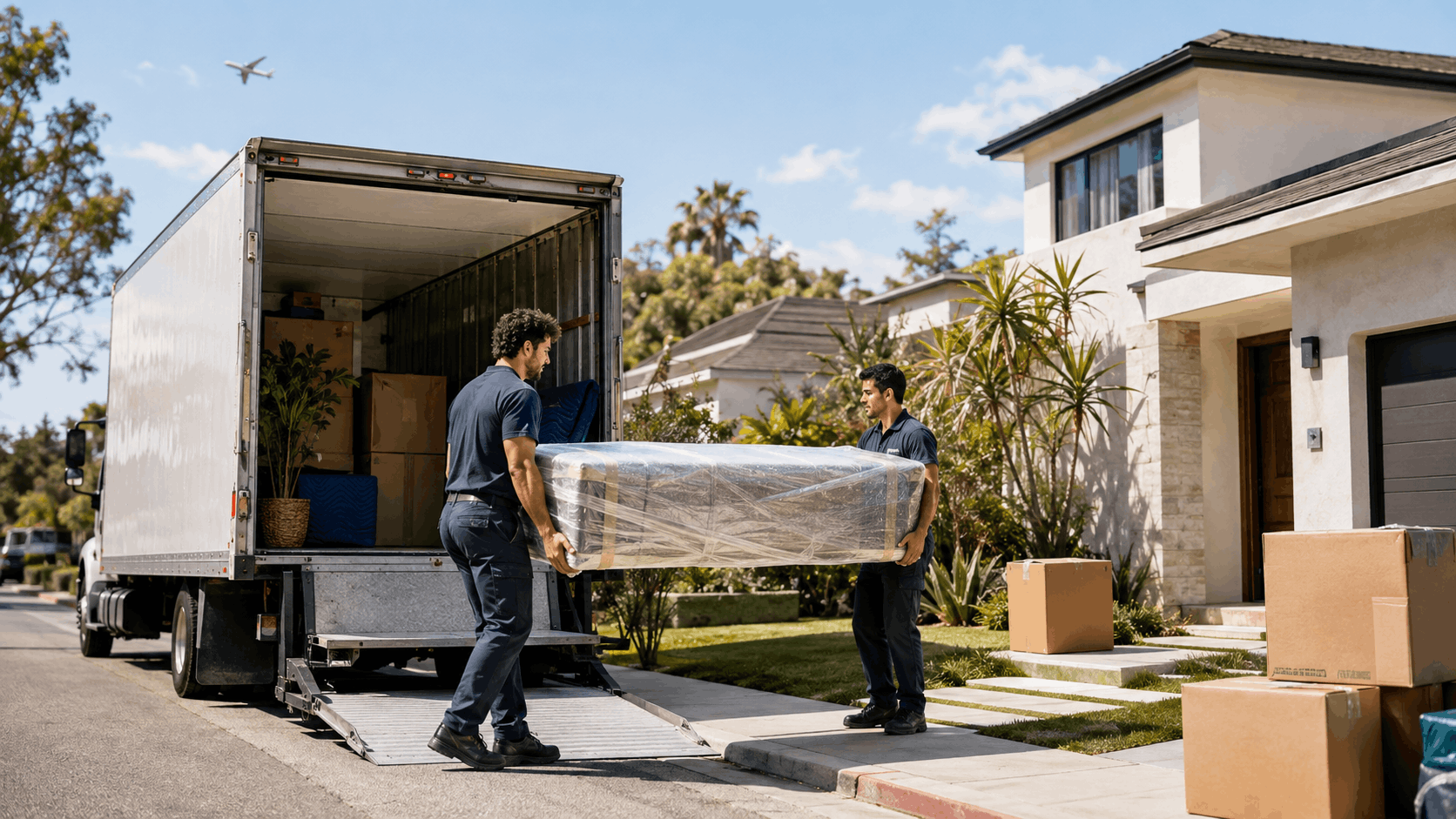 Two professional movers unloading wrapped mattress from moving truck in Los Angeles neighborhood