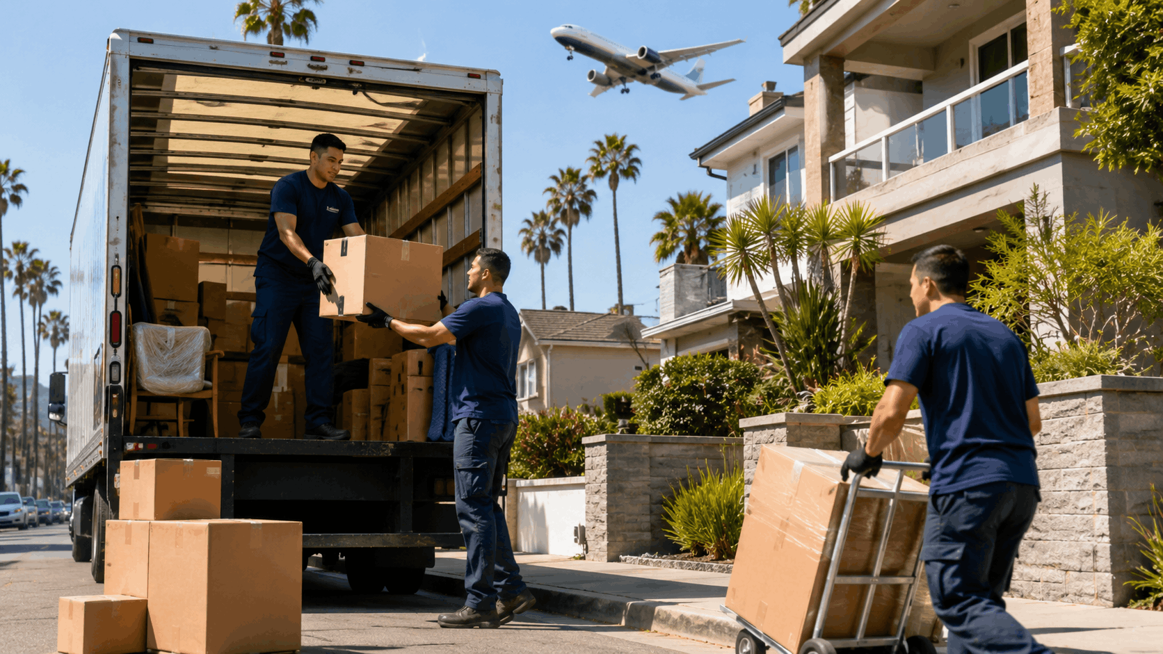 Three movers unloading cardboard boxes from moving truck at Los Angeles home
