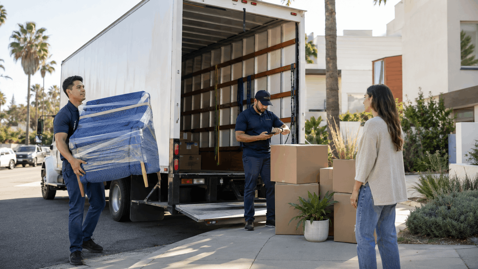 Two professional movers unloading wrapped furniture from moving truck in Los Angeles