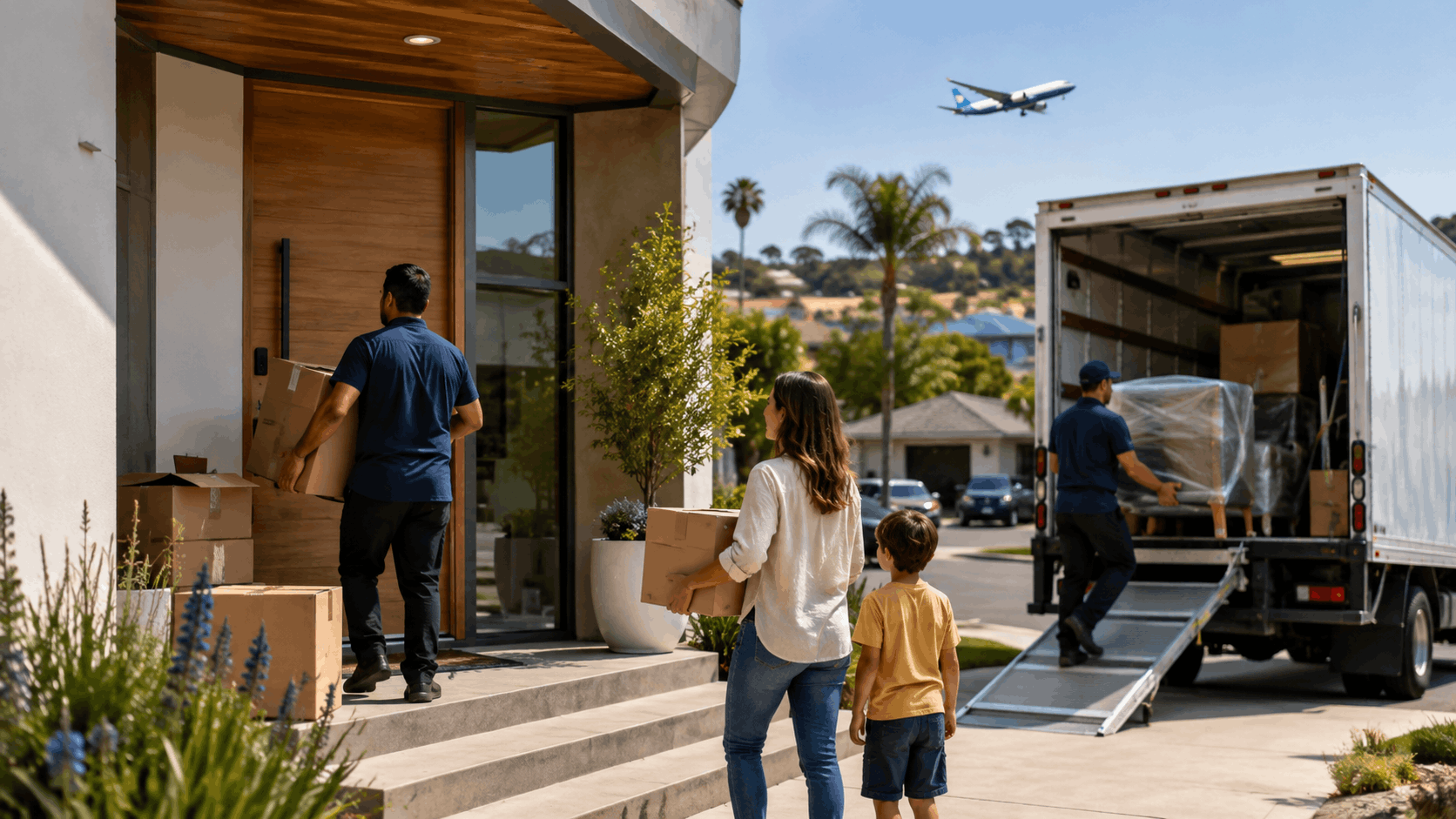 Family with movers unloading boxes from truck outside modern Los Angeles home