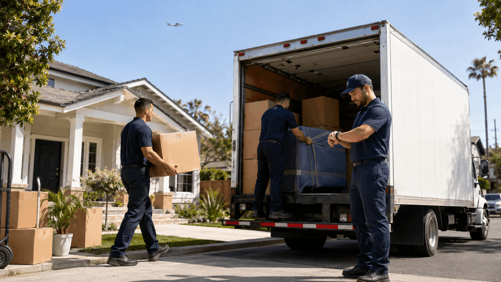 Three Popeye Moving & Storage Co. movers unloading boxes from truck at Los Angeles home