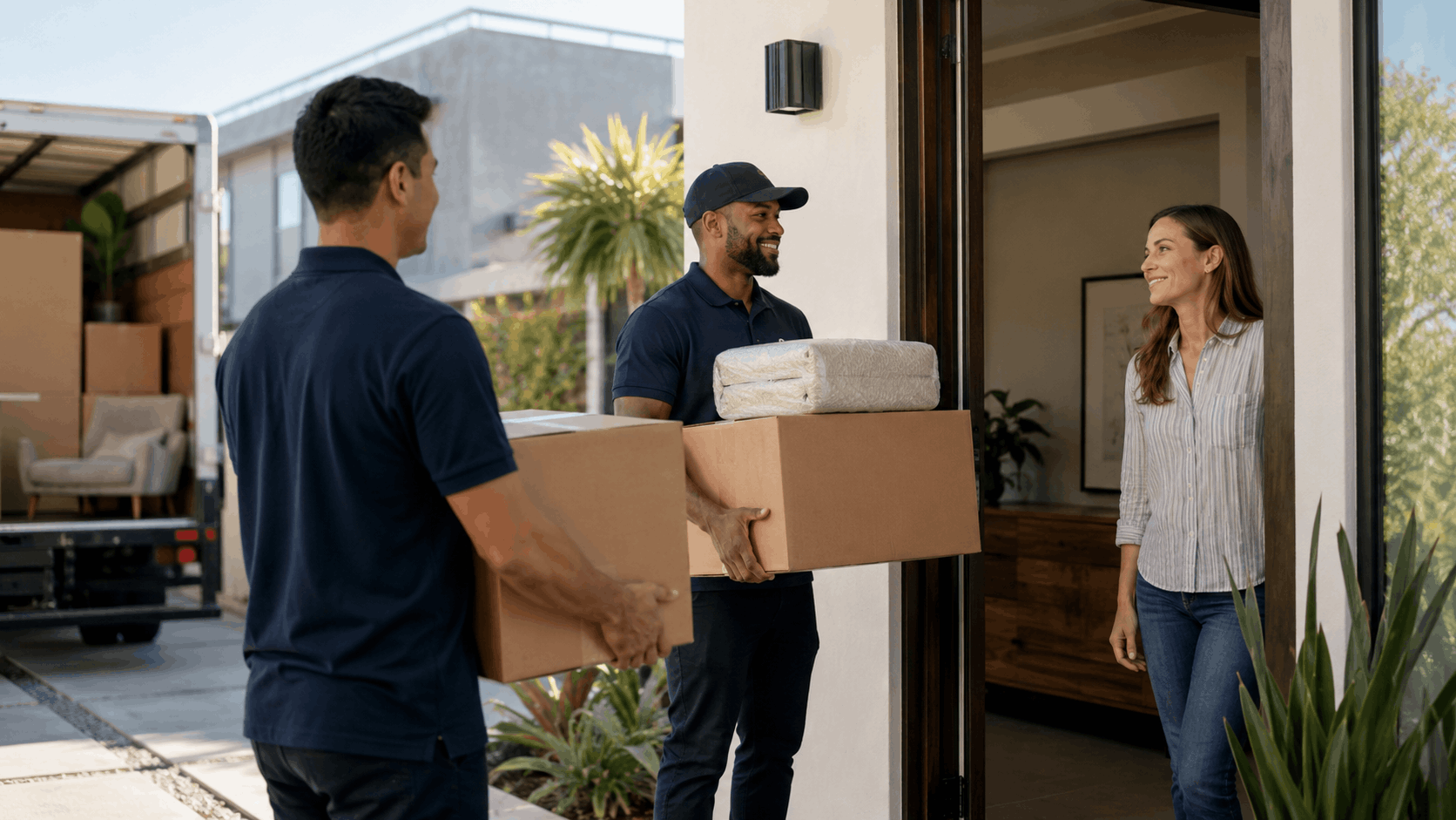 Two professional movers delivering boxes to smiling woman at Mar Vista home