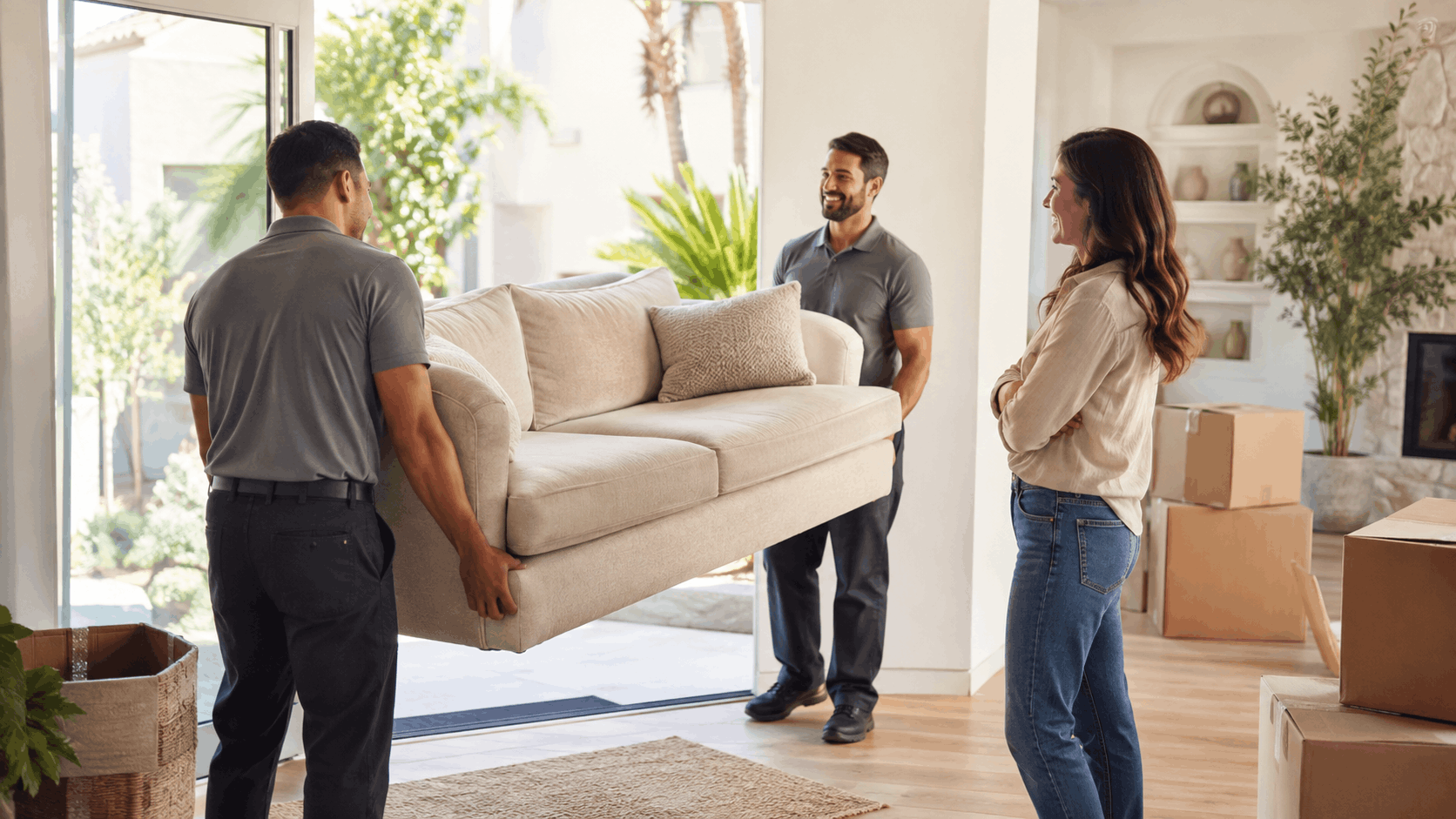 Two movers carrying cream sofa into bright Los Angeles home during relocation