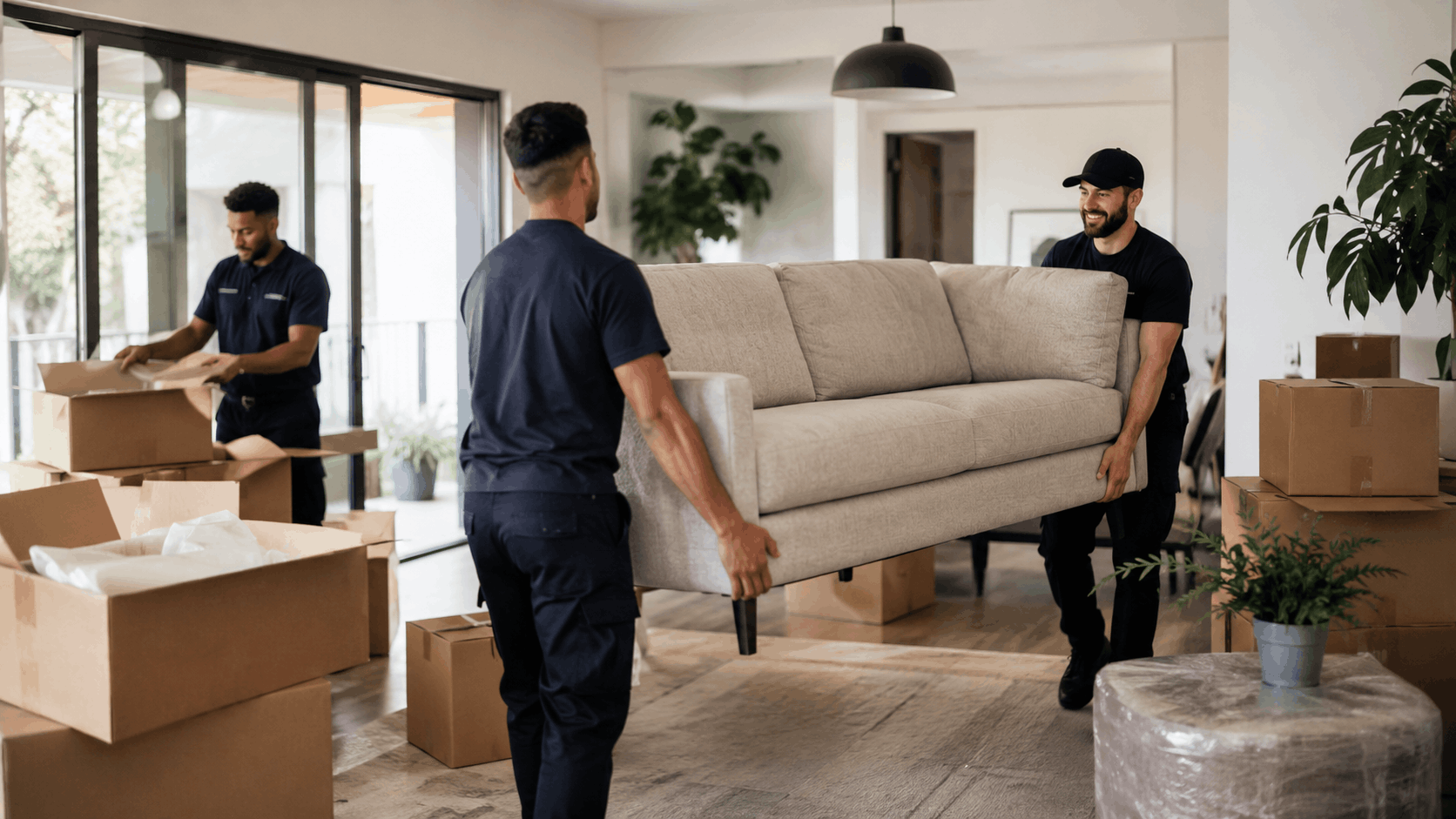 Three professional movers carrying sofa and unpacking boxes in modern home