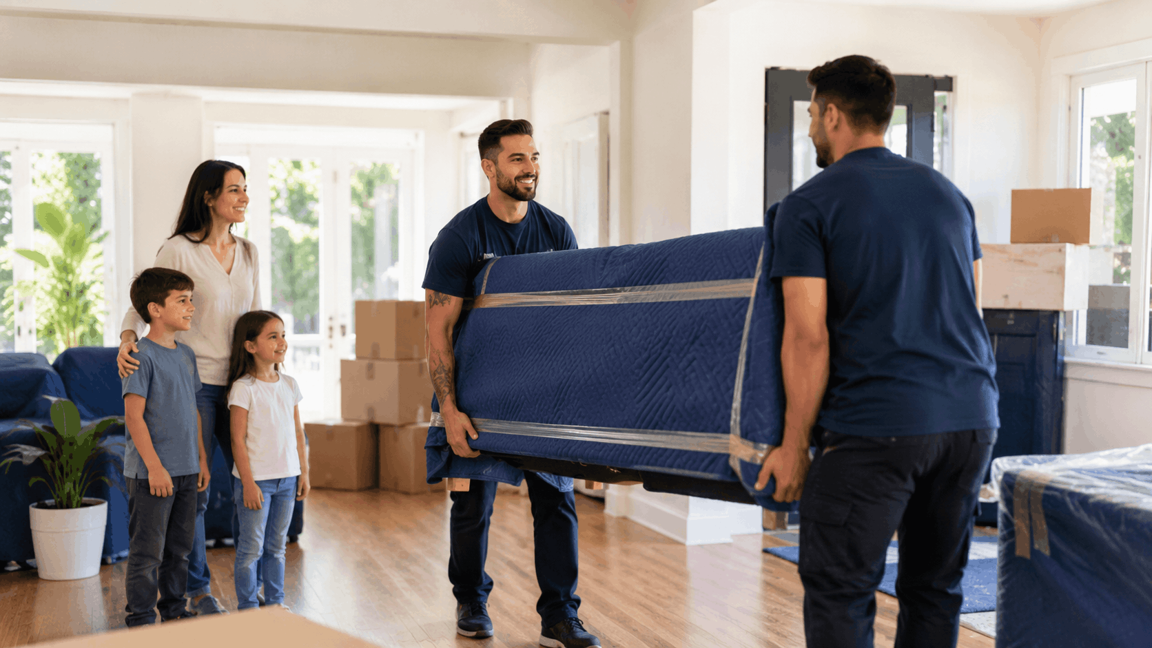 Two Popeye Moving workers carrying wrapped furniture for smiling Los Angeles family