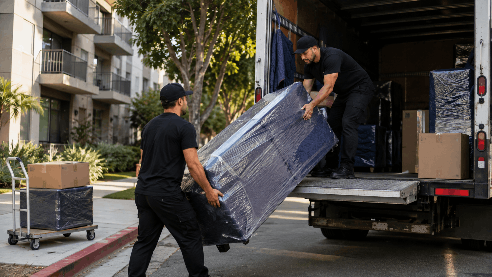 Two movers in black uniforms unloading wrapped mattress from moving truck in Los Angeles