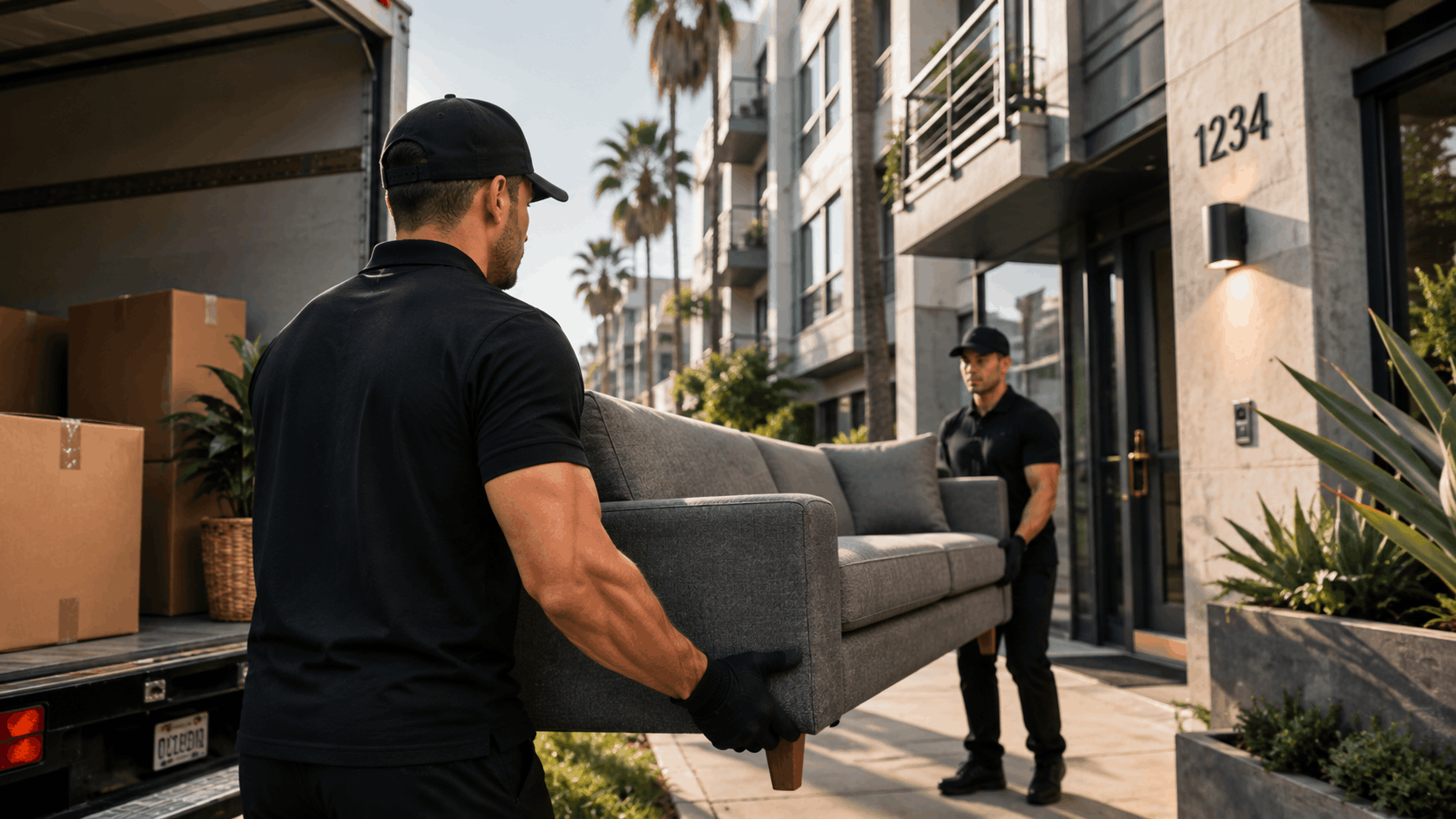 Two professional movers in black uniforms carrying gray sofa into Los Angeles apartment building