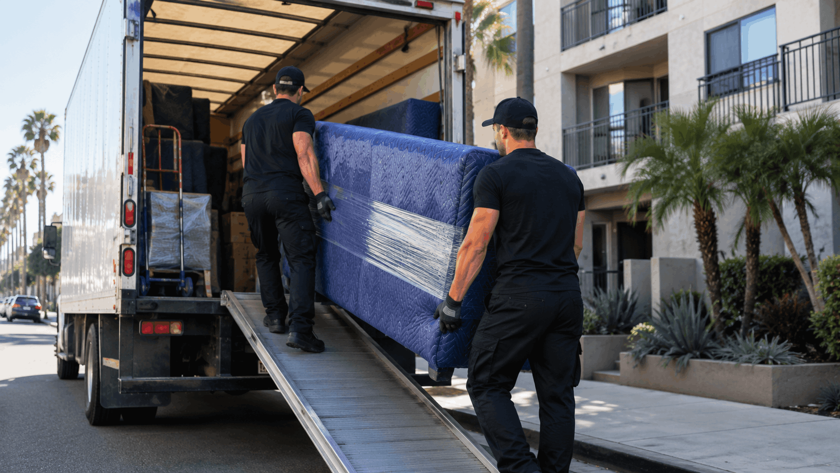 Two professional movers loading a wrapped mattress into a moving truck in Los Angeles