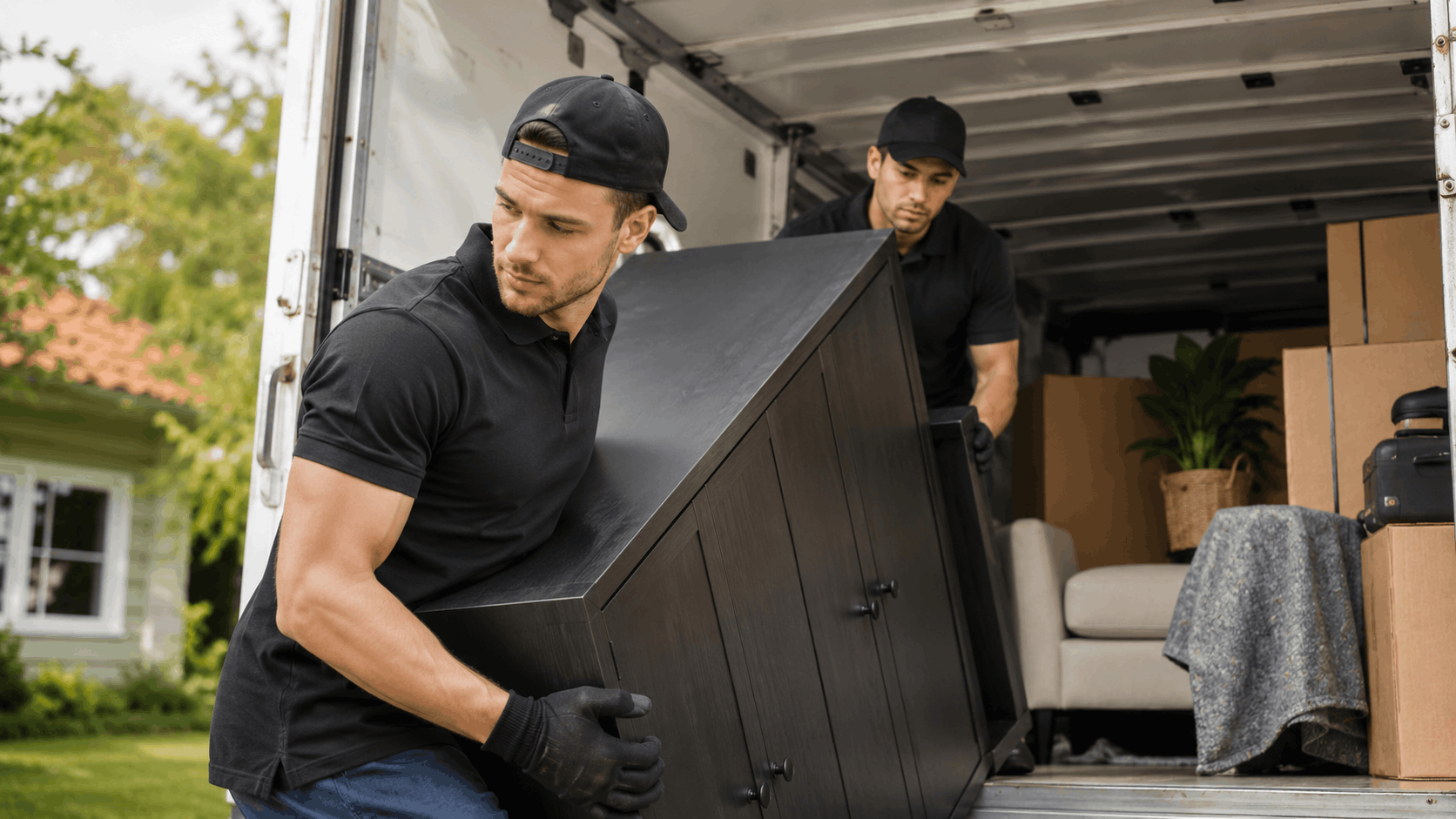 Two professional movers in black uniforms unloading dark wood cabinet from moving truck