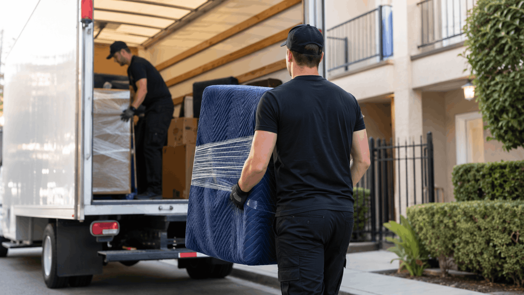 Two Popeye Moving workers in black uniforms loading wrapped mattress into moving truck Los Angeles