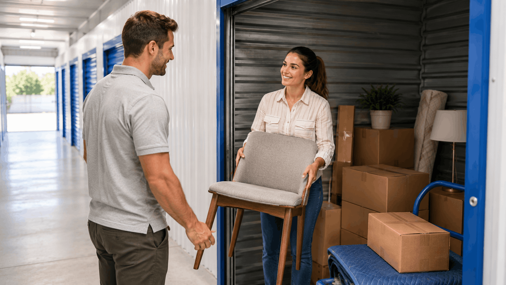 Couple moving a chair into a storage unit filled with boxes